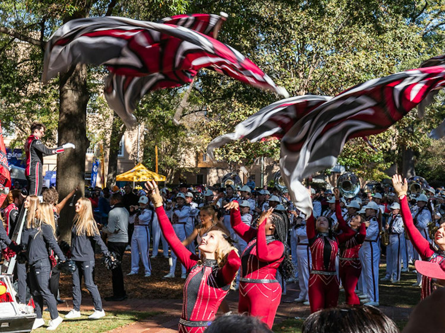The USC color guard and band perform during the SEC Nation morning show on Nov. 19, 2022 at the Horseshoe. The show covered the upcoming games from across the SEC.
