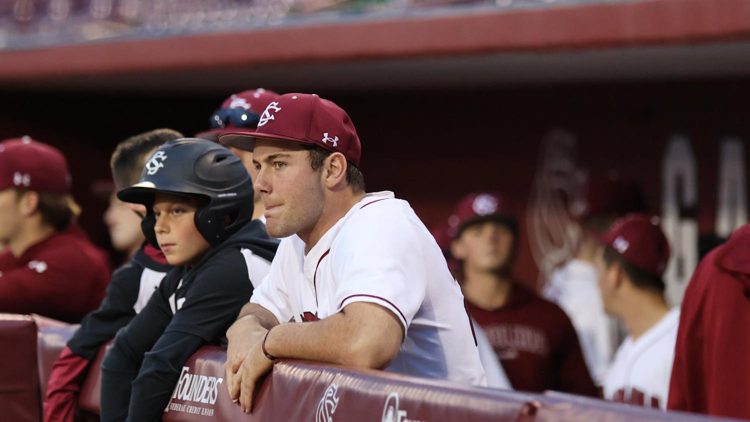 FILE — Junior outfielder Ethan Petry stands with a bat boy before the game against Davidson on March 4, 2025. The Gamecocks are 17-9 on the season.