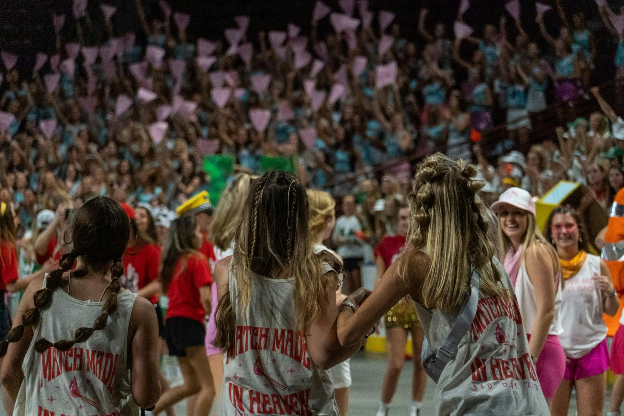 USC Sororities gathered Sunday afternoon, Aug. 21, 2022 at the Colonial Life Arena for Bid Day. New members ran out of the Colonial Life tunnels to join their sororities at the center of the arena.