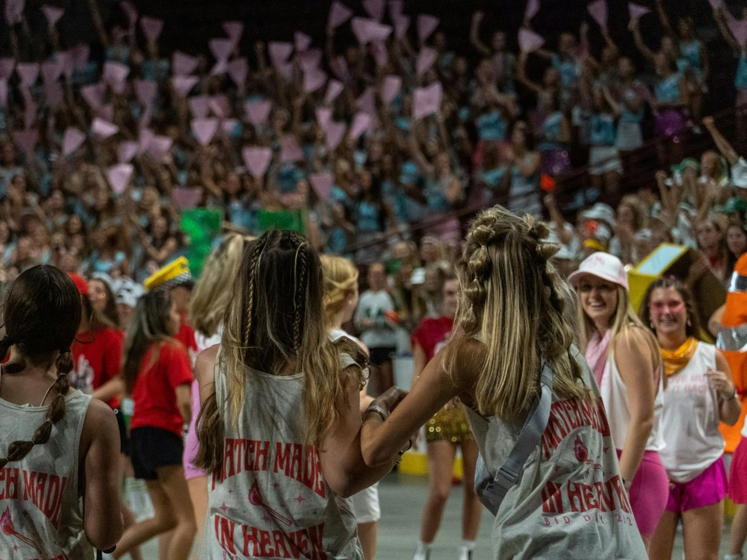 USC Sororities gathered Sunday afternoon, Aug. 21, 2022 at the Colonial Life Arena for Bid Day. New members ran out of the Colonial Life tunnels to join their sororities at the center of the arena.