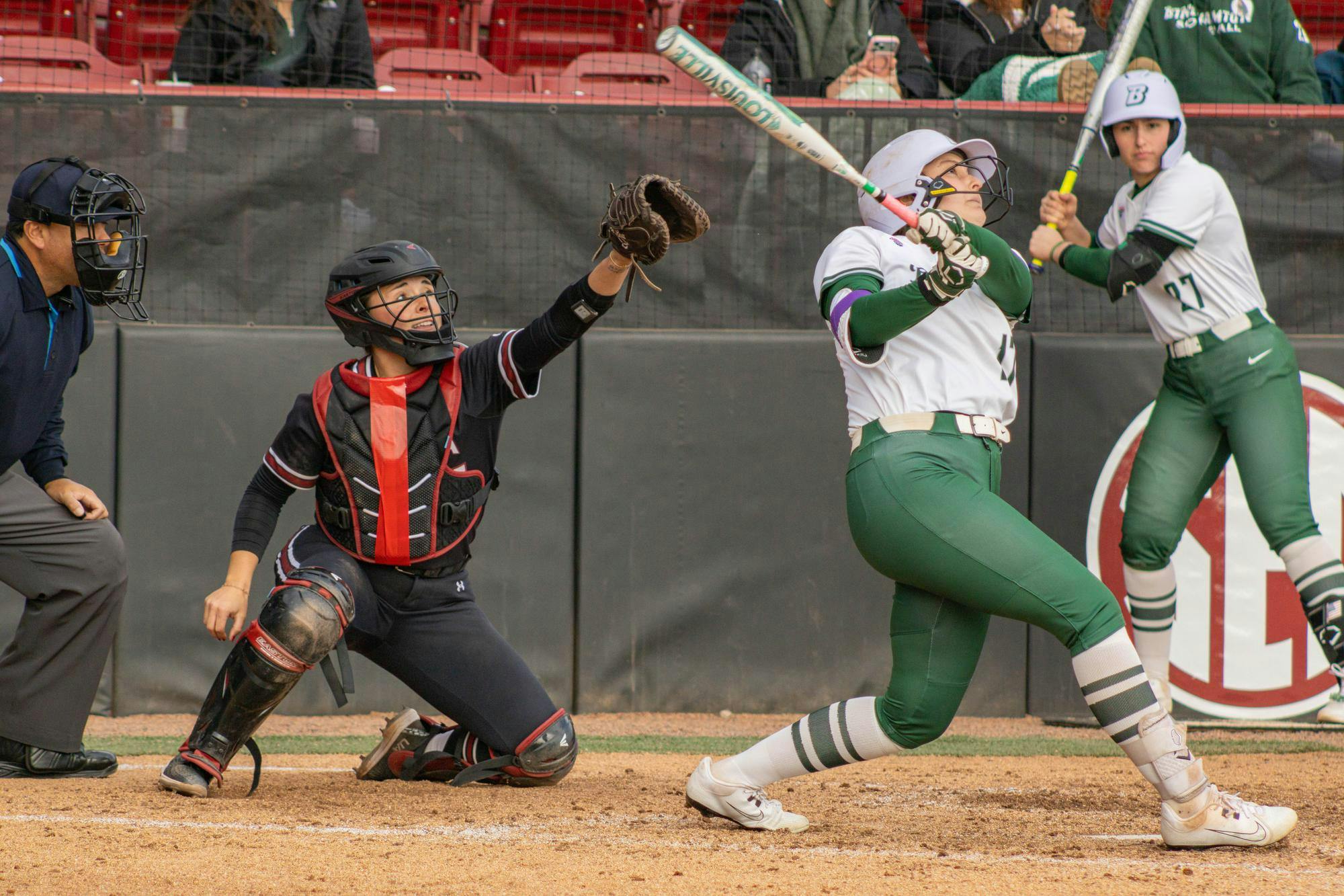 Senior catcher Lexi Winters reaches out for the ball during the softball game against Binghamton at the Carolina Softball Stadium on Feb. 8, 2026. The Gamecocks won with a final score of 9-1.