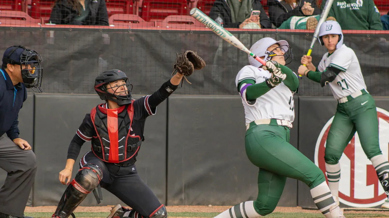 Senior catcher Lexi Winters reaches out for the ball during the softball game against Binghamton at the Carolina Softball Stadium on Feb. 8, 2026. The Gamecocks won with a final score of 9-1.