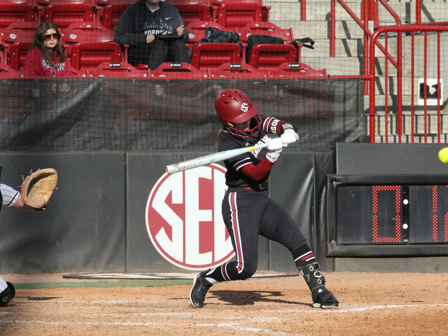 Senior outfielder Emily Vinson goes up to bat in game against Fordham on Feb. 22, 2025, at Beckham Field. Vinson was named 2023 NFCA’s Rawlings Gold Glove Award Winner.