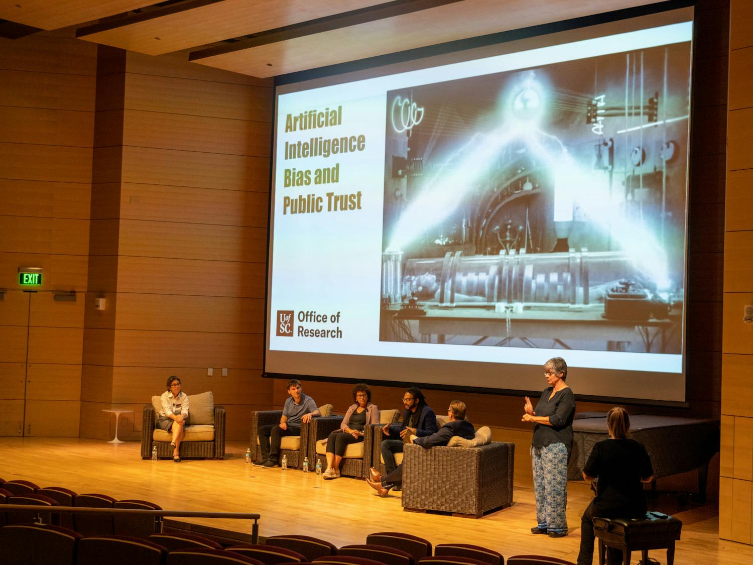 A wide shot of the AI Panel that met in the Johnson Hall at the Darla Moore School of Business on Thursday night, Oct. 6, 2022. The panel met to discuss advancements in AI technology and how these advancements might impact the world.