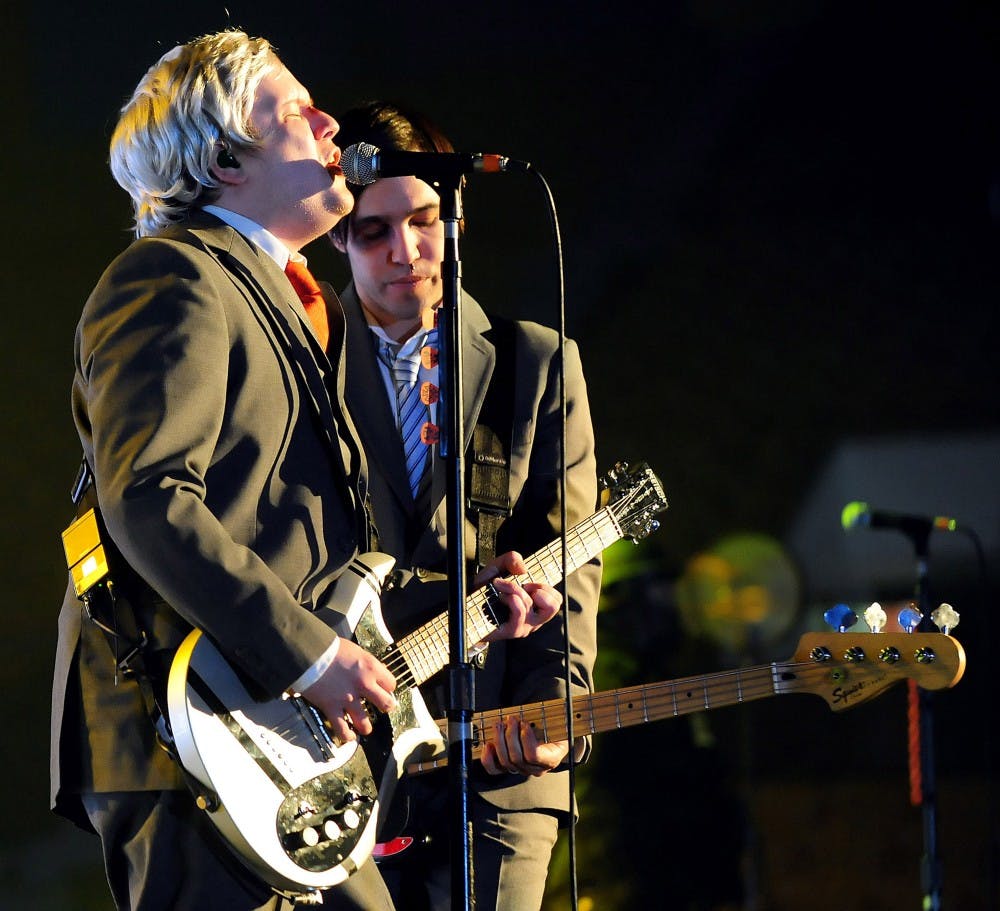 Patrick Stump and Pete Wentz of Fall Out Boy perform on Friday, April 24, 2009, at Bojangles' Coliseum in Charlotte, North Carolina. (Jeff Siner/Charlotte Observer/MCT)