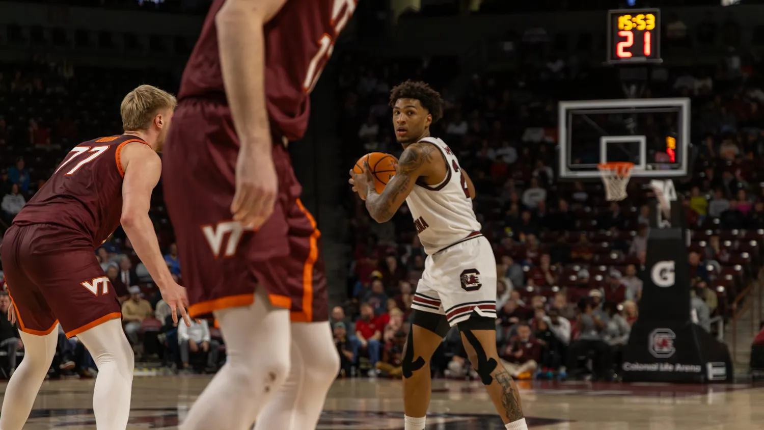 Freshman forward Hayden Assemian looks toward a teammate during South Carolina's game against Virginia Tech on Dec. 2, 2025, at Colonial Life Arena. Assemian has played in seven games for the Gamecocks this season, starting in four.