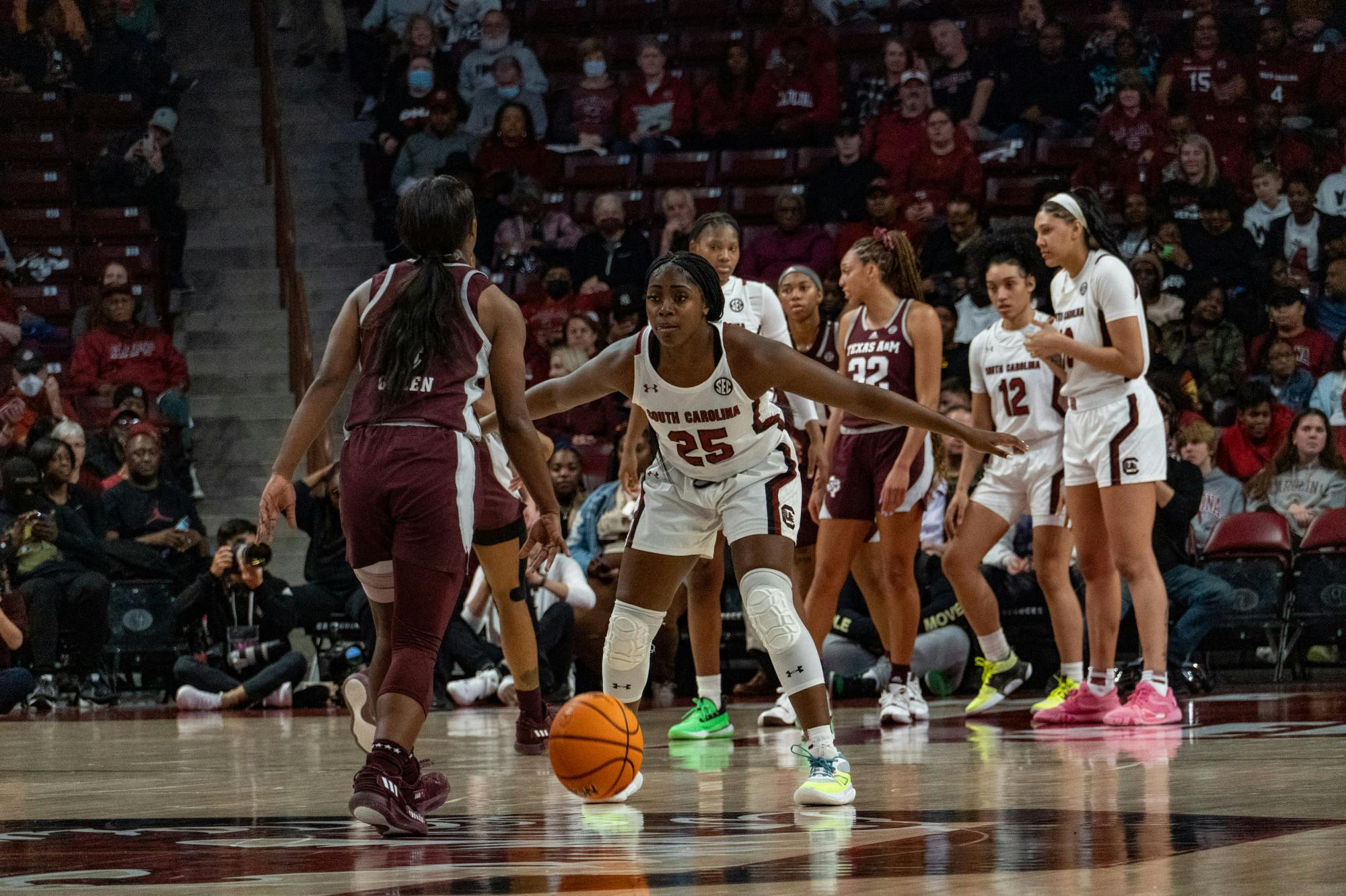Redshirt freshman guard Raven Johnson defends against a Texas A&amp;M player to halt her opponent’s drive to the basket on Dec. 29. 2022. The Gamecocks defeated the Aggies 76-34 in its SEC-opener.&nbsp;