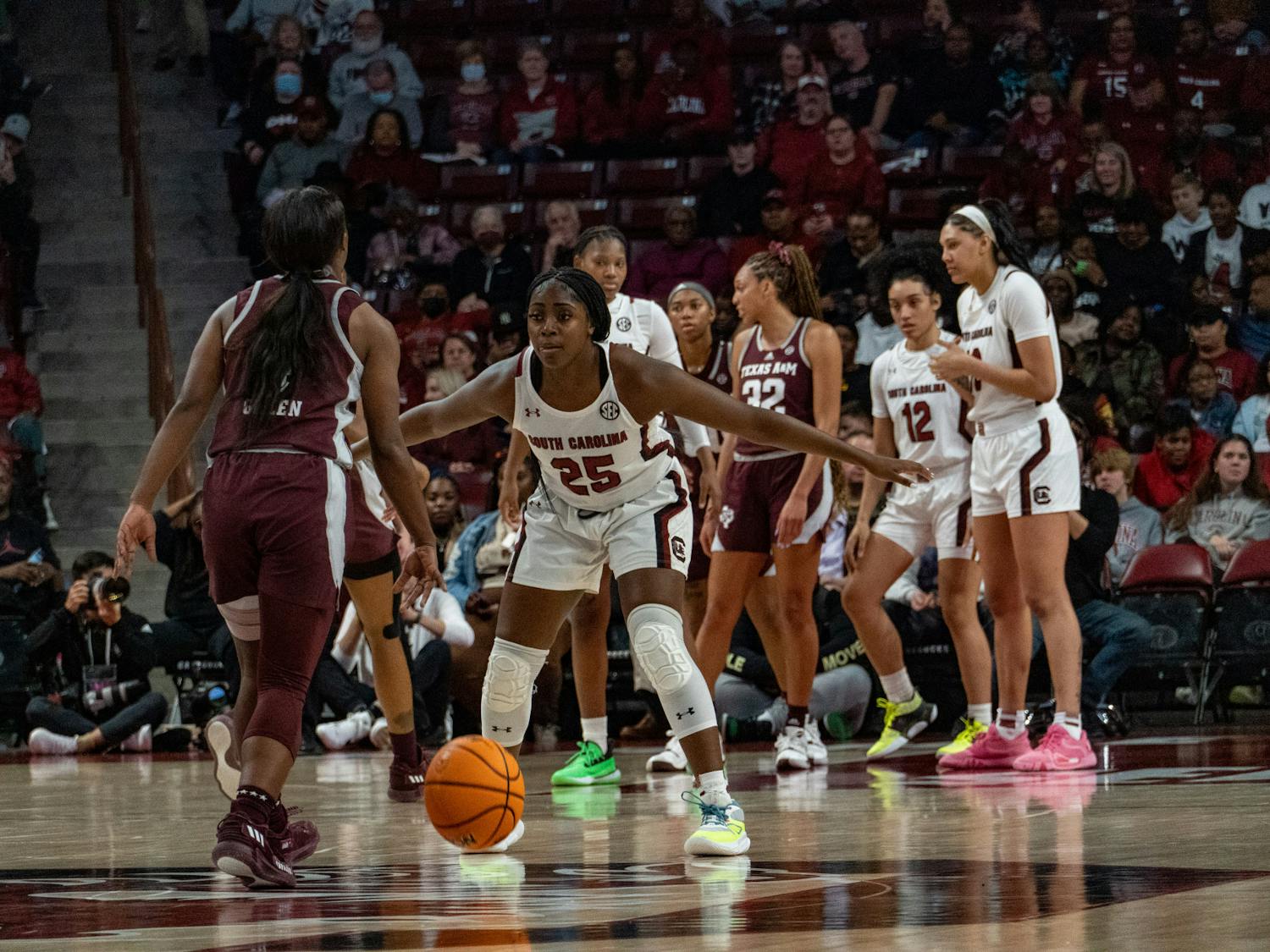 Redshirt freshman guard Raven Johnson defends against a Texas A&amp;M player to halt her opponent’s drive to the basket on Dec. 29. 2022. The Gamecocks defeated the Aggies 76-34 in its SEC-opener.&nbsp;