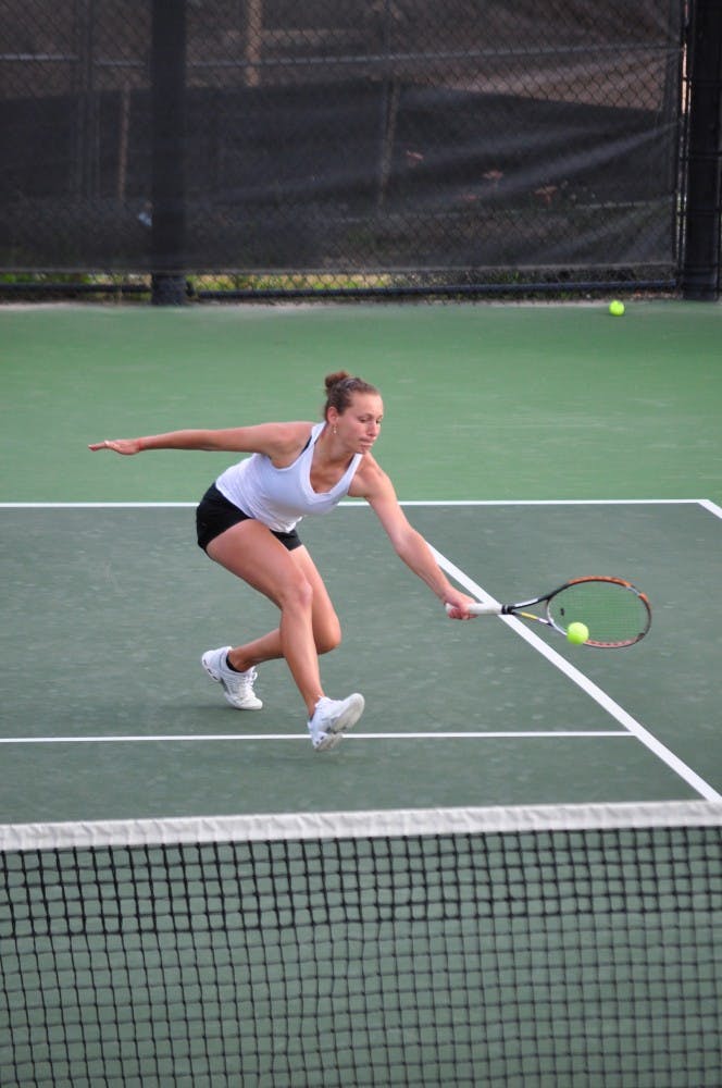 	Elixane Lechemia won her doubles match with Megan Blevins and picked up a singles victory playing in the No. 1 slot against the College of Charleston on Saturday.