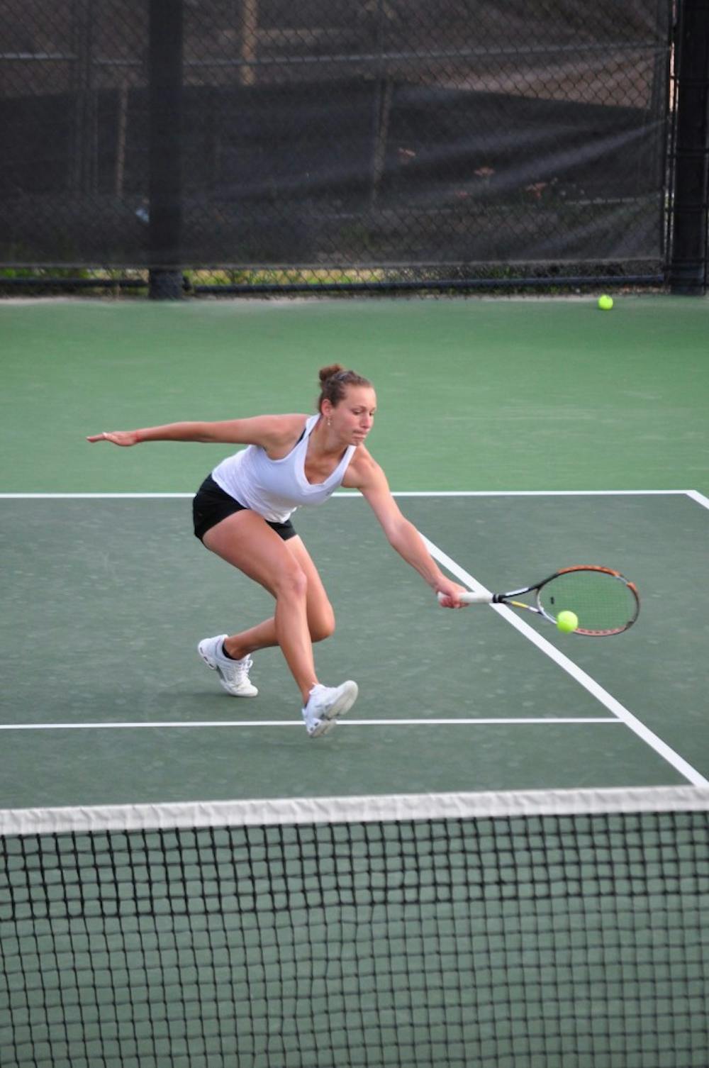 	<p>Elixane Lechemia won her doubles match with Megan Blevins and picked up a singles victory playing in the No. 1 slot against the College of Charleston on Saturday.</p>
