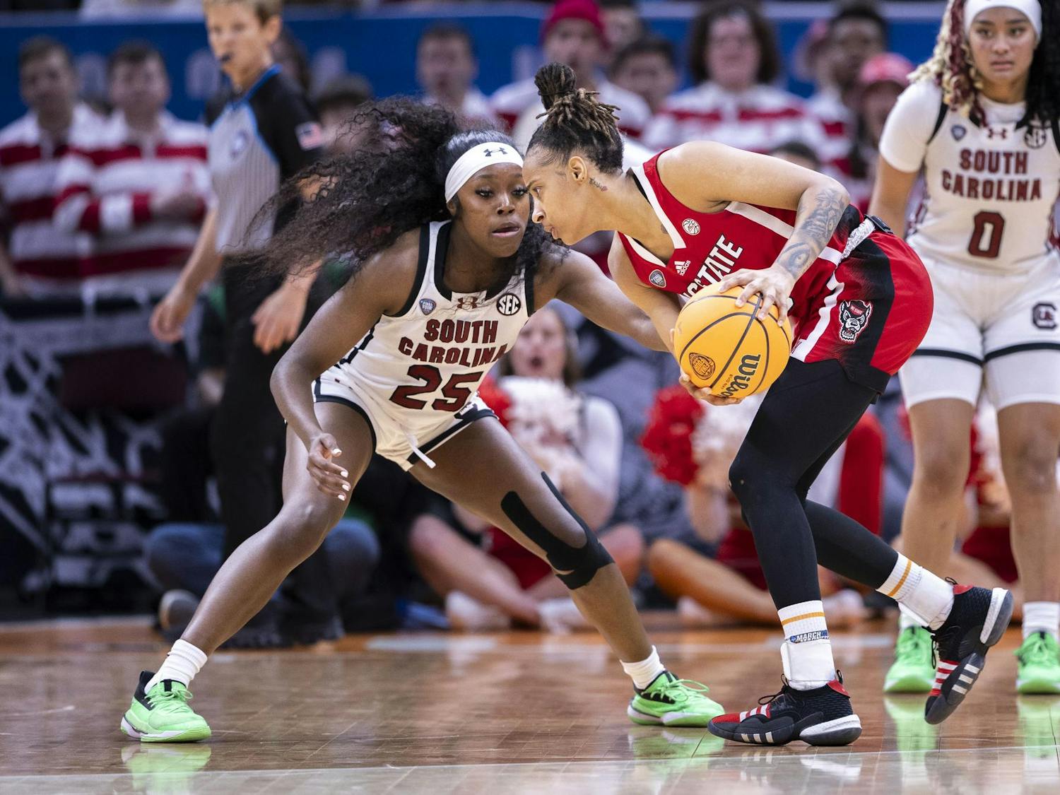 Sophomore guard Raven Johnson plays defense during the Gamecocks' matchup with the Wolf Pack. Johnson earned her 16th double digit game during the Gamecock victory.