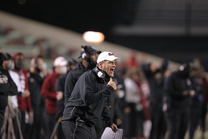 Interim head coach Mike Bobo on the sideline against University of Georgia on Saturday, Nov. 28, 2020.