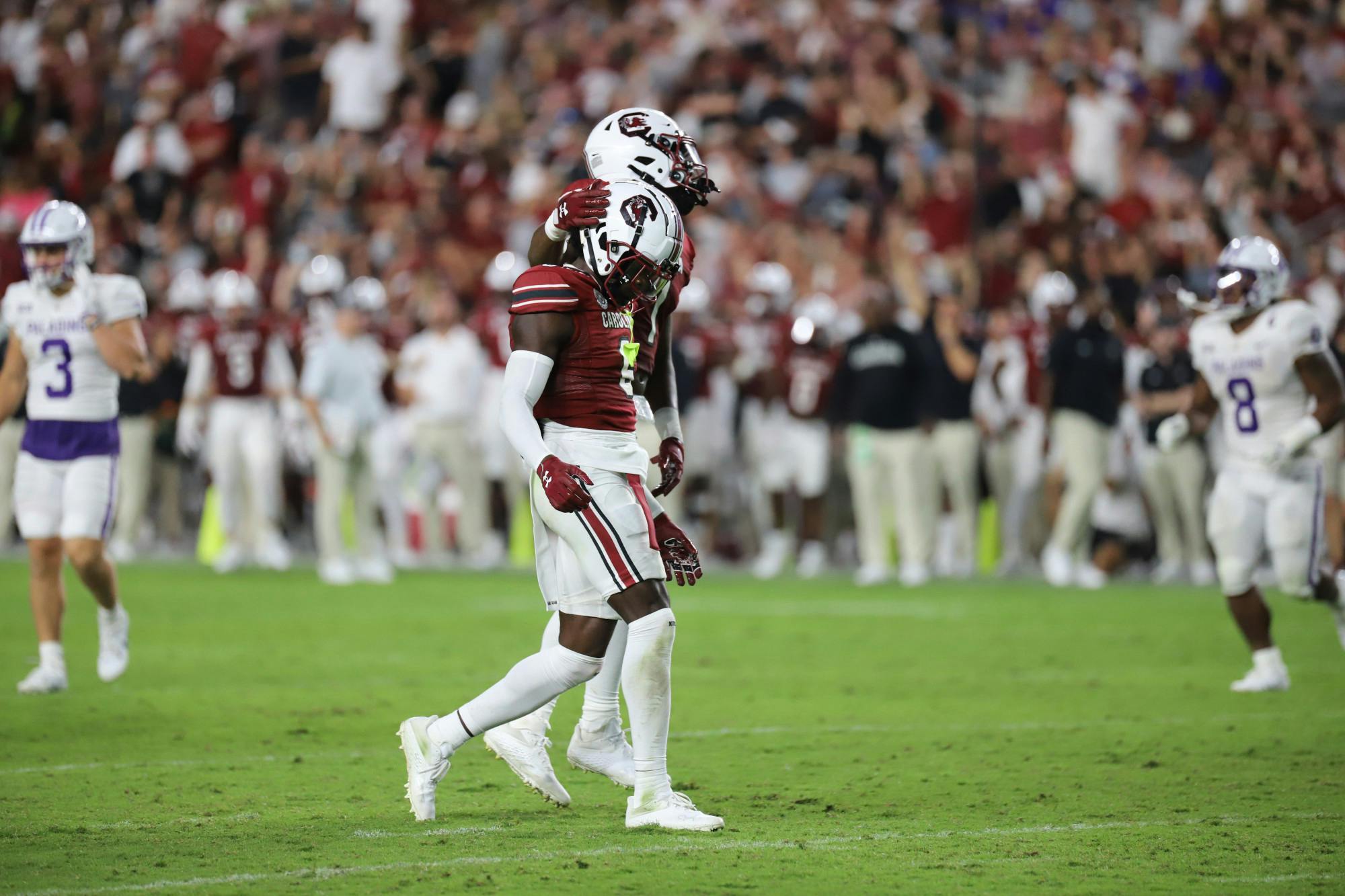 Redshirt senior defensive back Marcellas Dial and graduate defensive lineman Jordan Strachan leave the field after stopping Furman on fourth down. Dial had two tackles and two pass breakups in the contest while Strachan finished the game with two solo tackles and a sack.