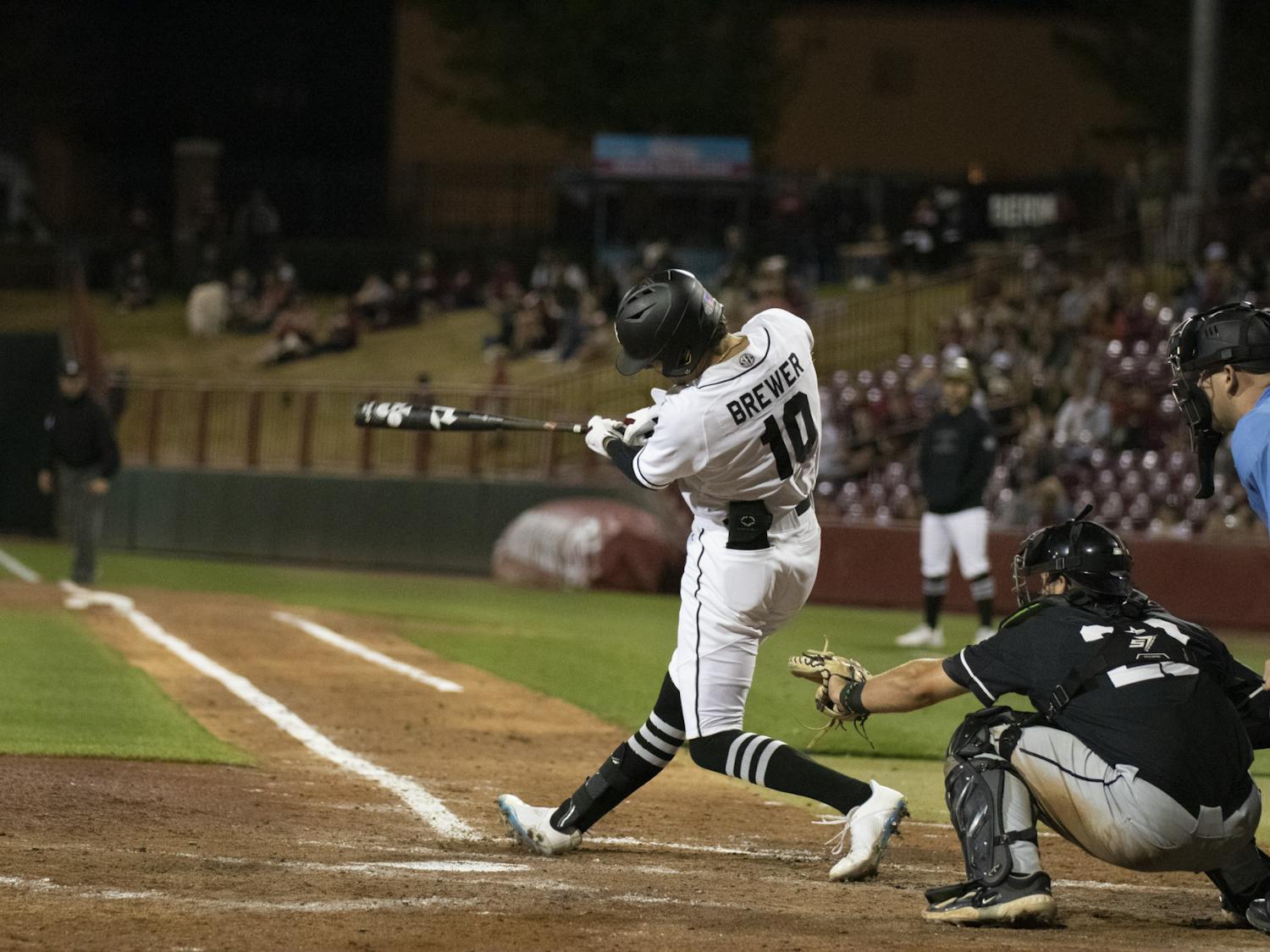 Senior outfielder Dylan Brewer battles at the plate to get on base and extend the South Carolina lead over USC Upstate. With home runs from Brewer and freshman outfielder Ethan Petry, the Gamecocks won Tuesday night’s game against the Spartans 7-2.