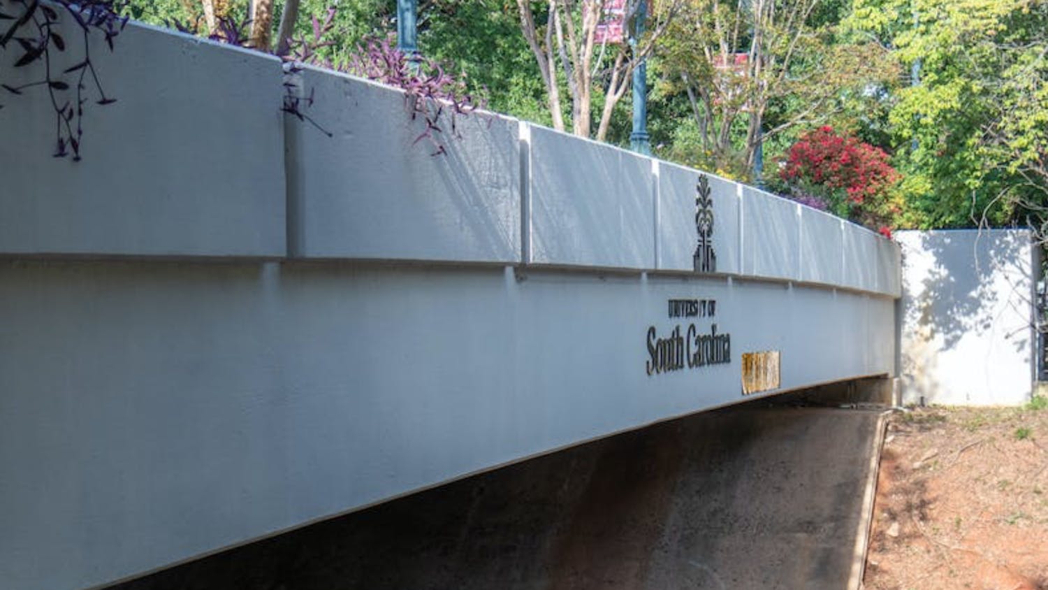 A side view of the Pickens Street Bridge. The bridge overlooks Pickens Street and connects the two parts of the UofSC campus.&nbsp;