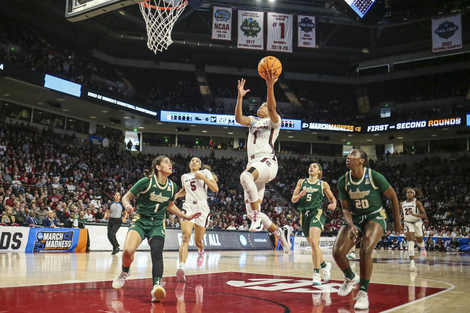 FILE—Senior guard Zia Cooke lays the ball in during South Carolina’s game against South Florida in round two of the NCAA tournament at Colonial Life Arena on March 19, 2023. The Gamecocks defeated the Bulls 76-45.