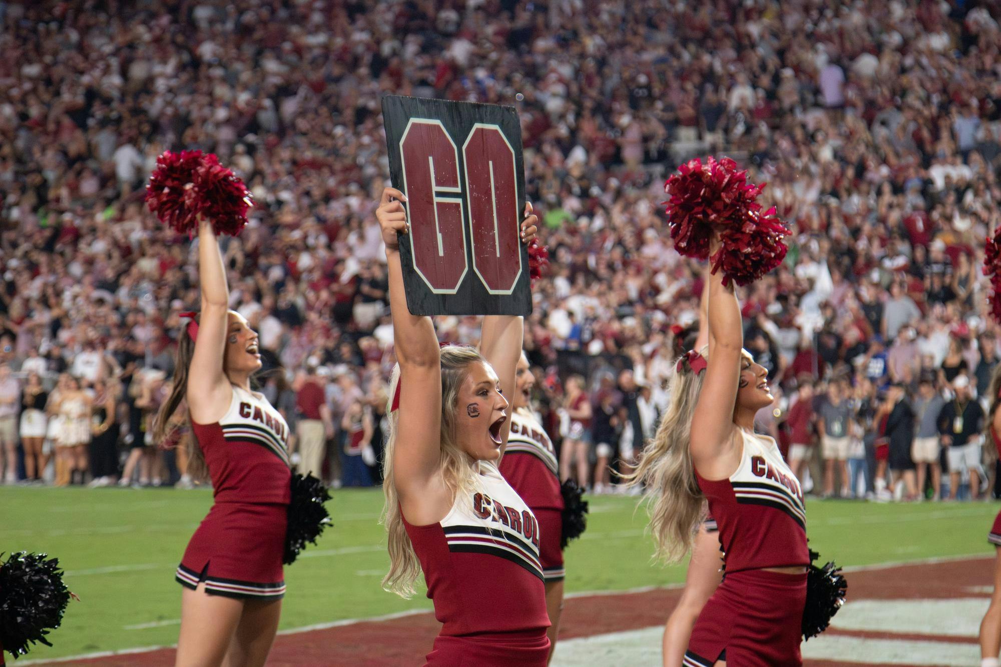 The Gamecock cheerleading team gets the crowd hyped for kickoff against the University of Kentucky at Williams-Brice Stadium on Sept. 27, 2025. The Gamecocks went on to win 35-13 over the Wildcats.