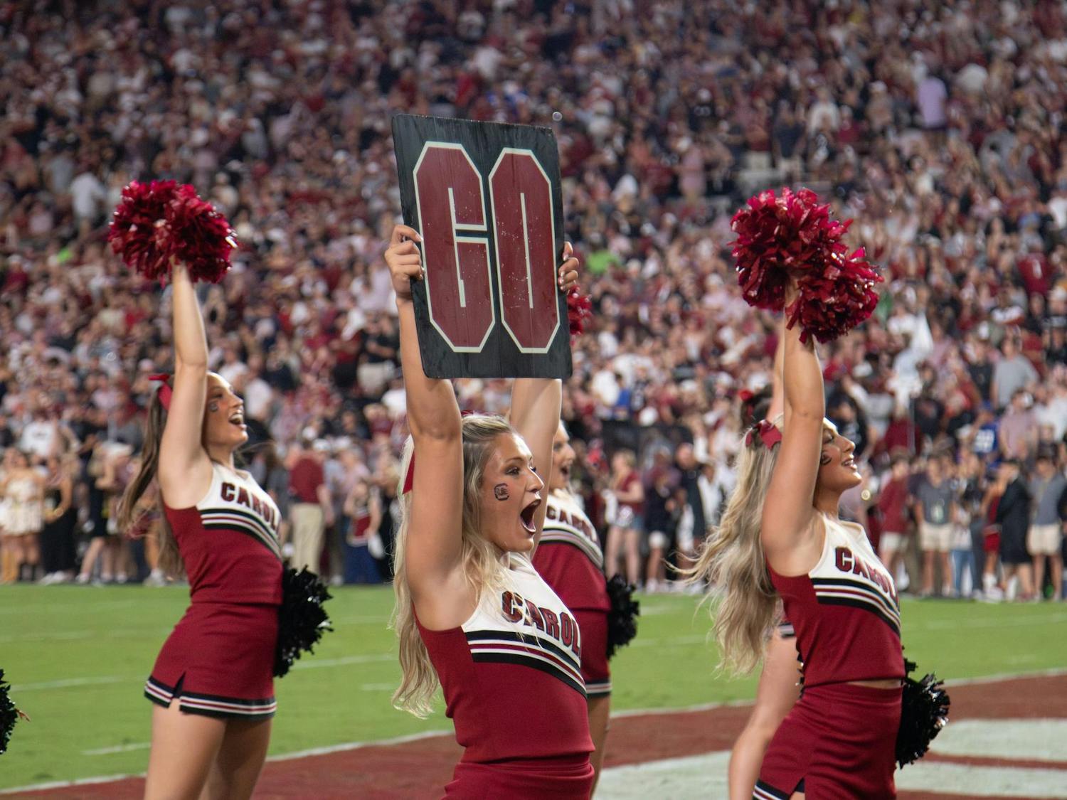 The Gamecock cheerleading team gets the crowd hyped for kickoff against the University of Kentucky at Williams-Brice Stadium on Sept. 27, 2025. The Gamecocks went on to win 35-13 over the Wildcats.