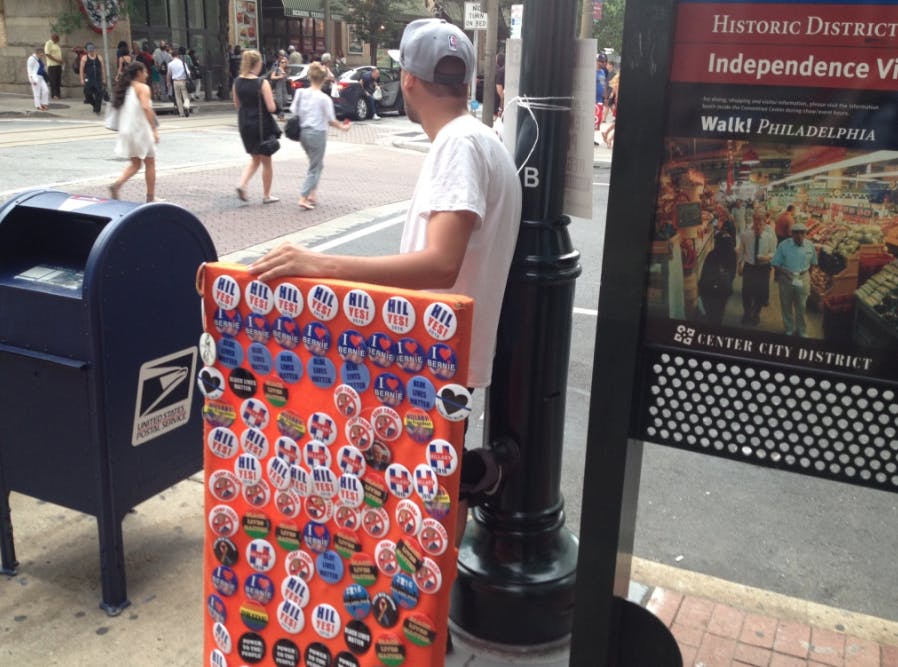 A vendor sells campaign buttons outside the Democratic National Convention in Philadelphia on July 28, 2016.