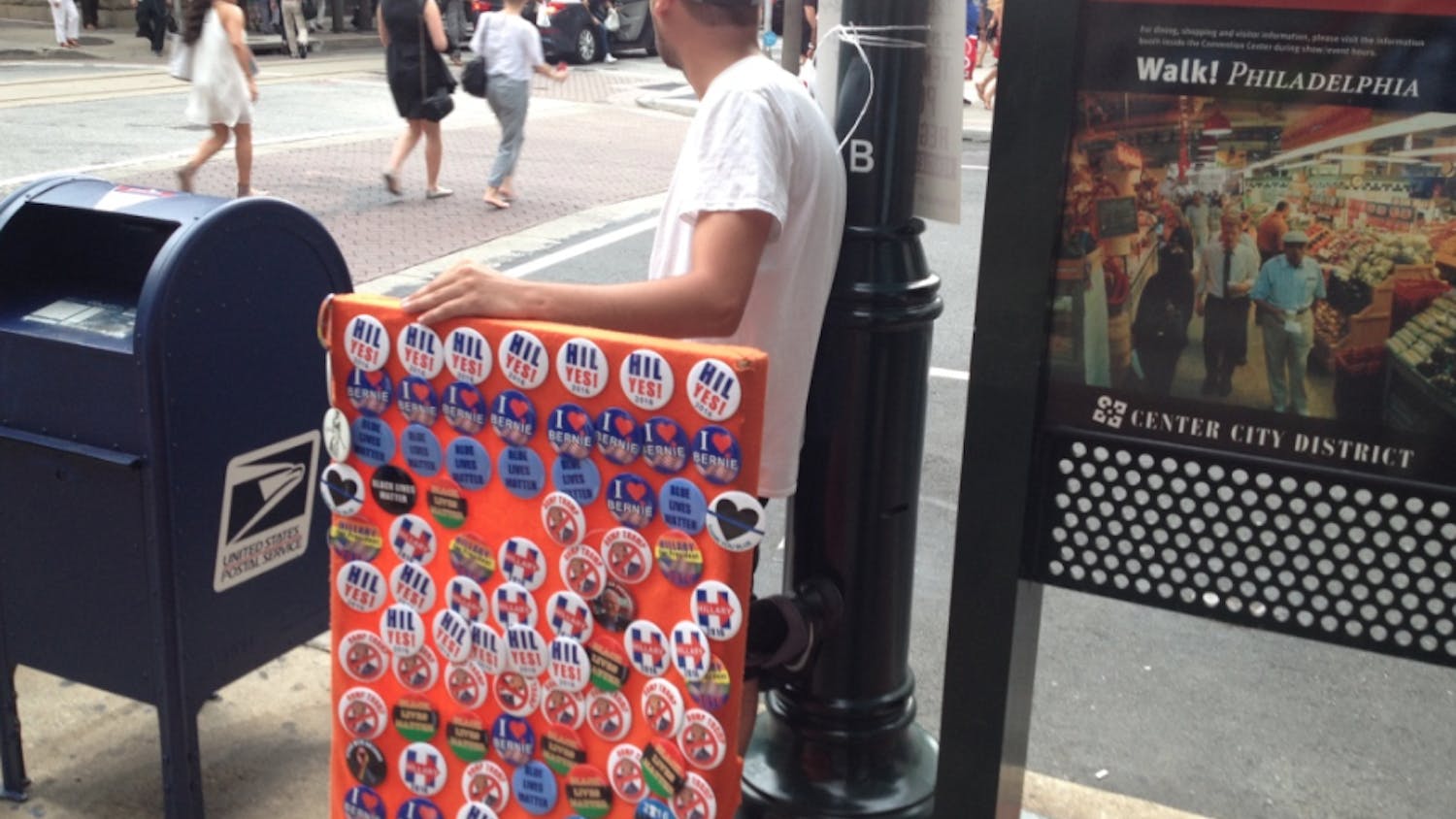 A vendor sells campaign buttons outside the Democratic National Convention in Philadelphia on July 28, 2016.