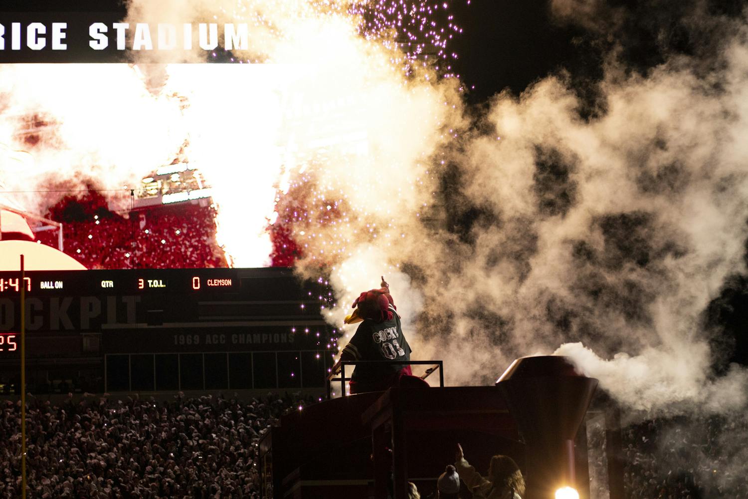 The University of South Carolina’s mascot, Cocky, makes his traditional 2001 Space Odyssey entrance at Williams-Brice Stadium on Nov. 25, 2023. The mascot updated his entrance in 2023 by emerging from a "Cockaboose" train.