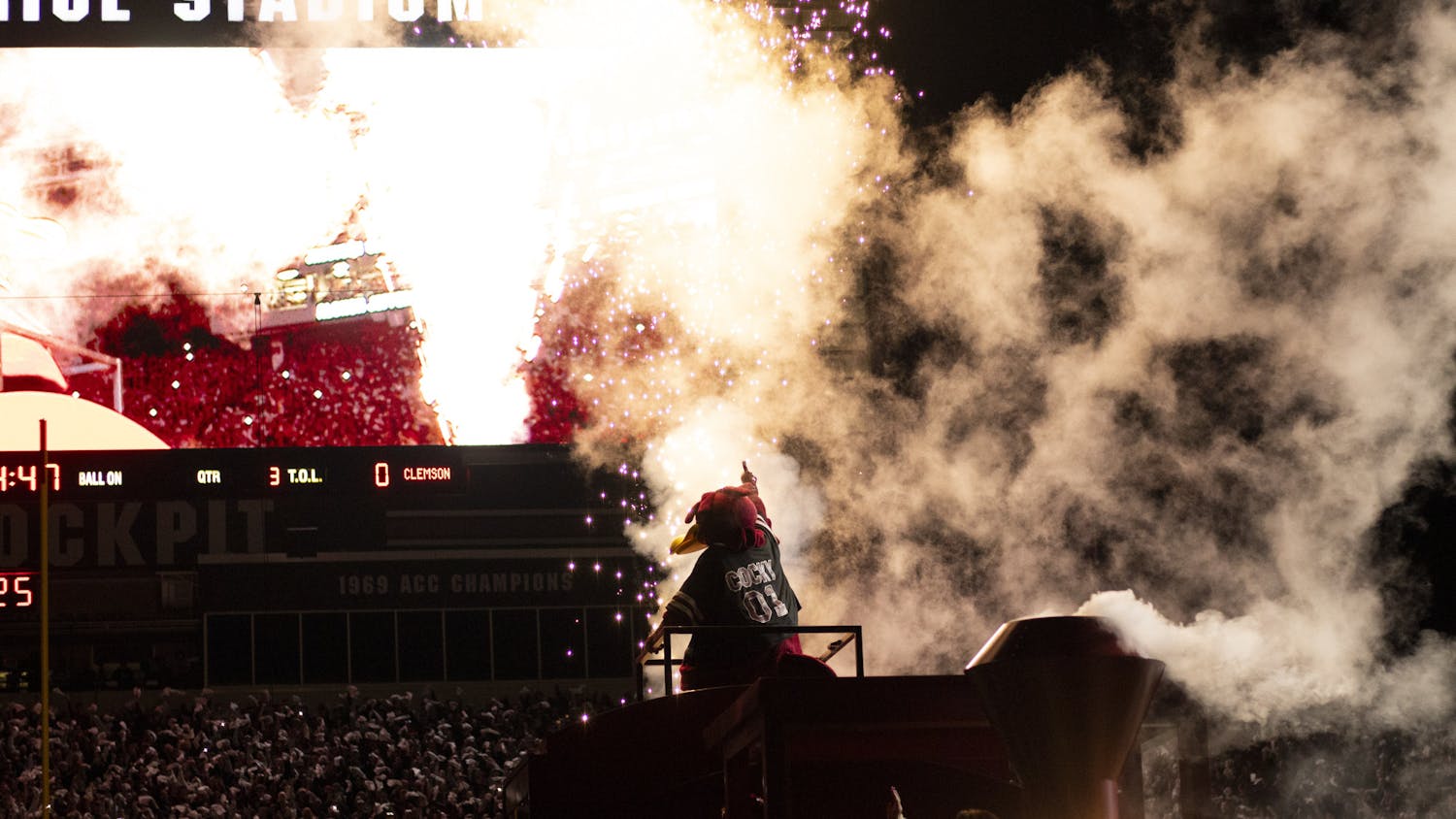 The University of South Carolina’s mascot, Cocky, makes his traditional 2001 Space Odyssey entrance at Williams-Brice Stadium on Nov. 25, 2023. The mascot updated his entrance in 2023 by emerging from a "Cockaboose" train.