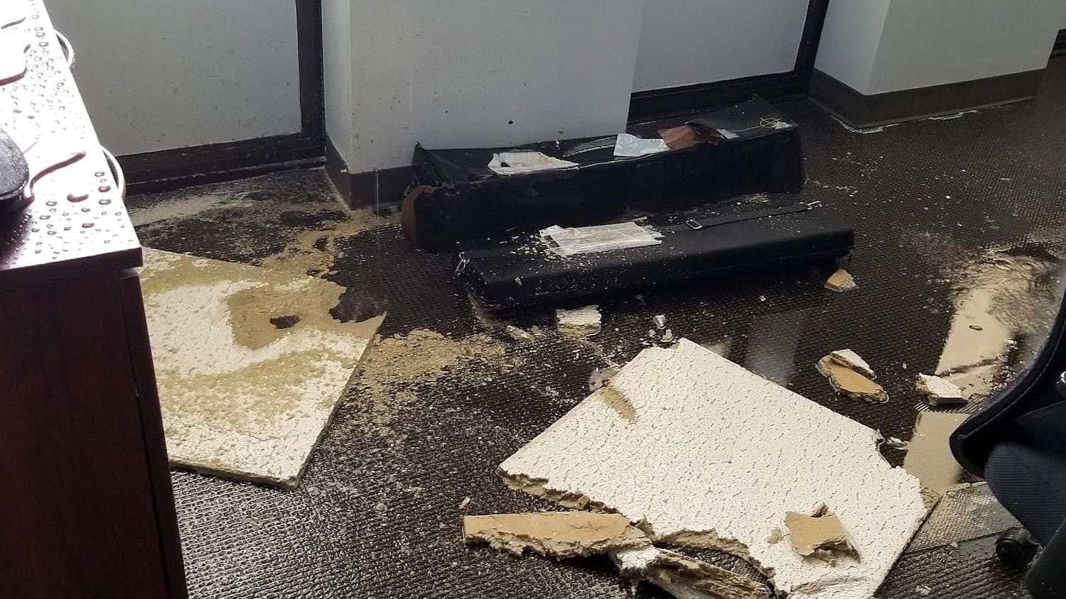 A ceiling of an office in the J. Welsh Humanities Office Building fell apart due to the recent flood. 
