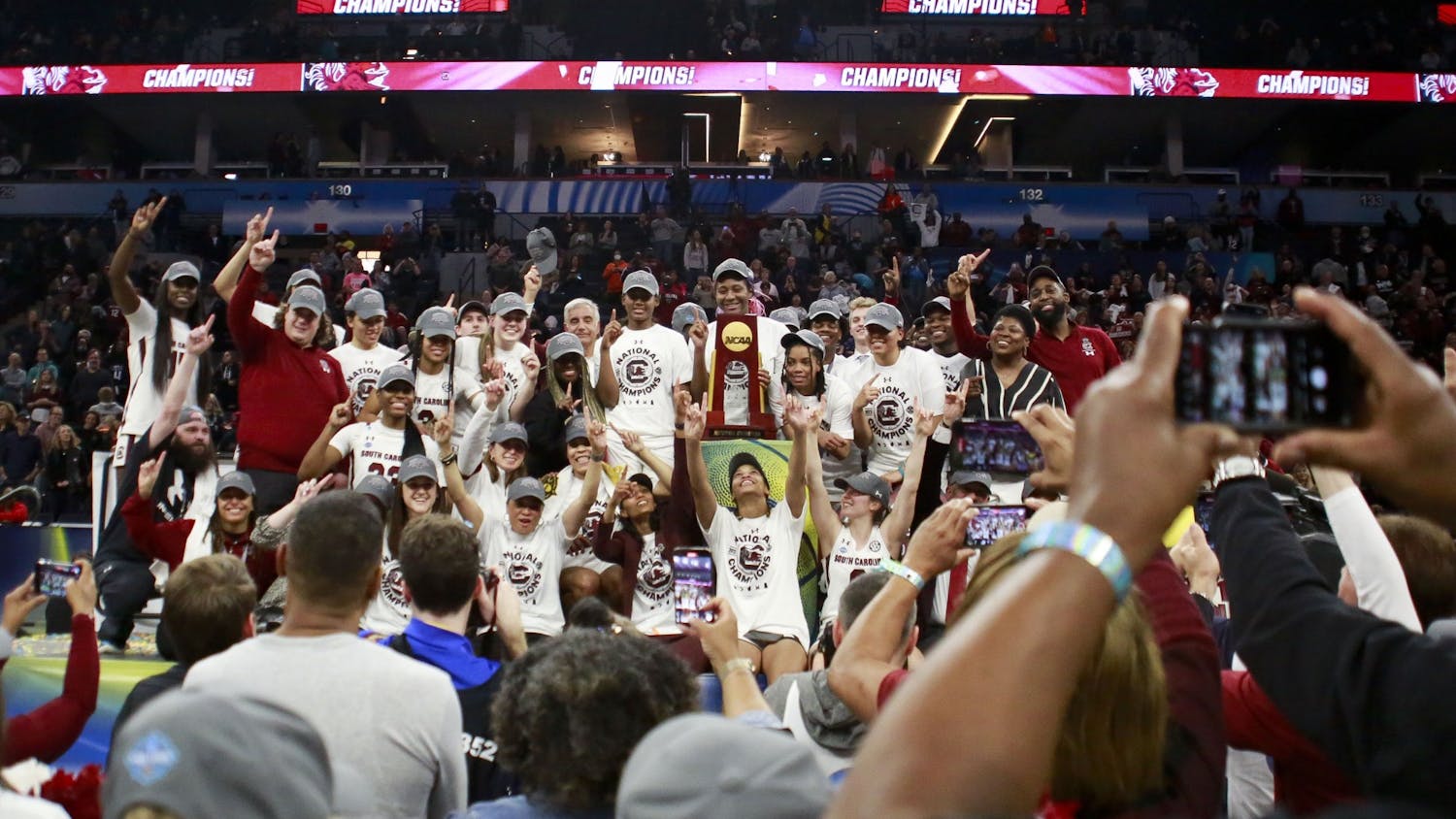 South Carolina womens basketball celebrates the Gamecocks' 64-49 victory over University of Connecticut, winning the 2022 National Championship on April 3, 2022.