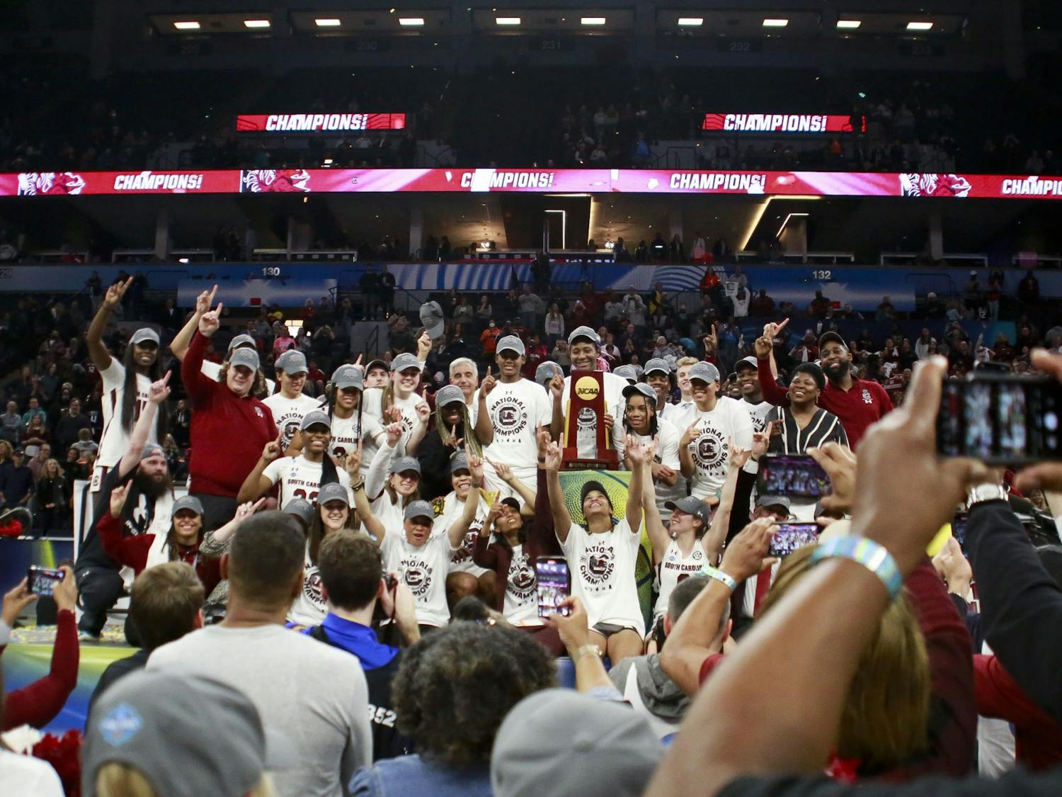South Carolina womens basketball celebrates the Gamecocks' 64-49 victory over University of Connecticut, winning the 2022 National Championship on April 3, 2022.