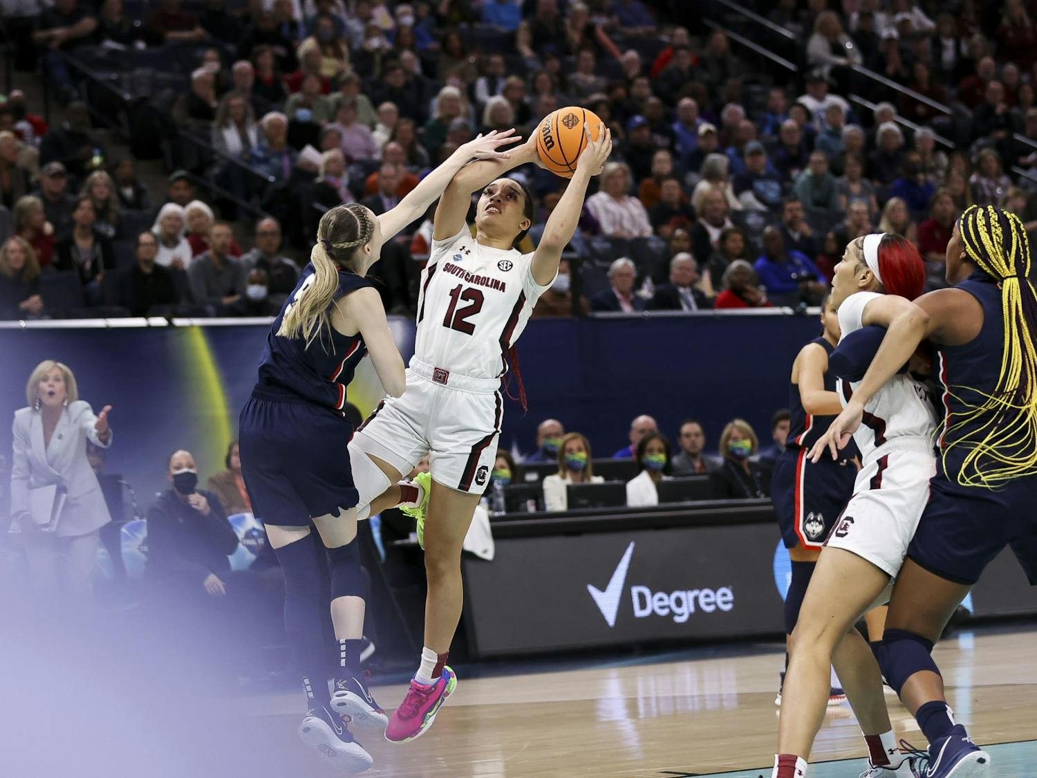 Junior guard Brea Beal goes for a shot inside the paint during the third quarter of South Carolina's 64-49 victory over University of Connecticut, winning the 2022 National Championship on April 3, 2022.