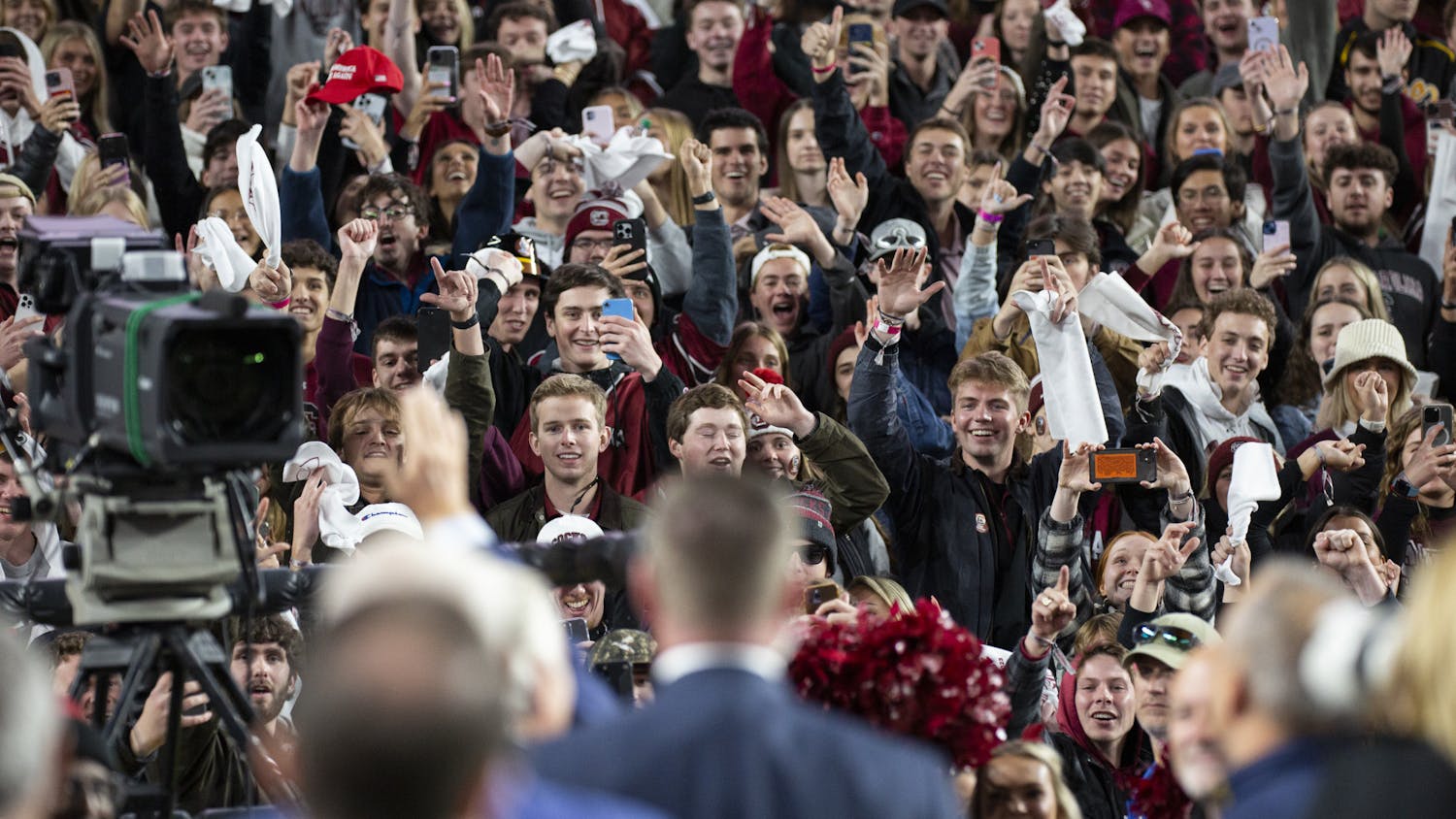 FILE — The Gamecock student section at Williams-Brice Stadium gives 45th President Donald Trump and South Carolina Governor Henry McMaster a mixture of praise and dismay on Nov. 25, 2023. While many were excited to see the former president, there were many less than thrilled as well.