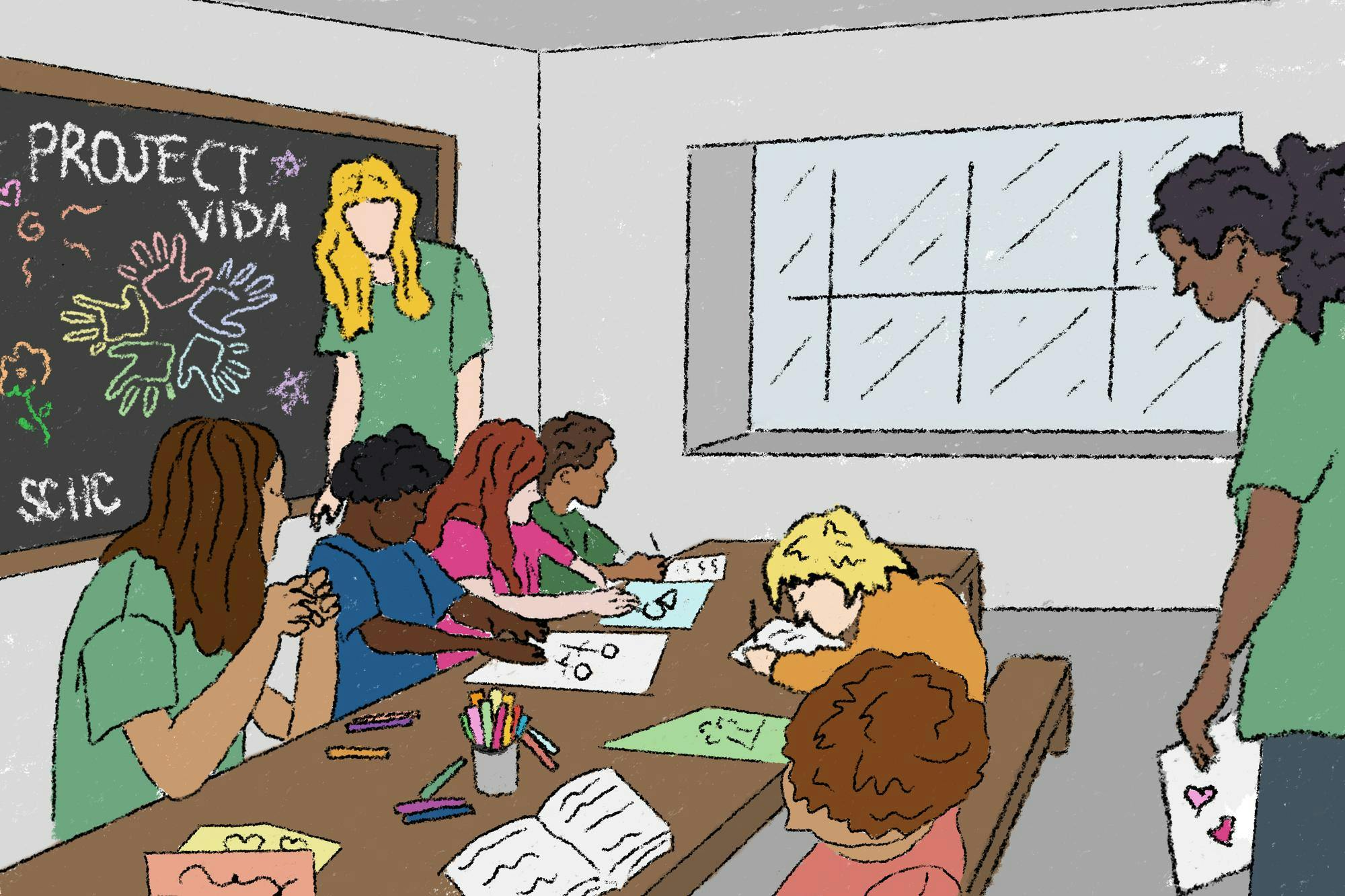 Illustration of kids in a classroom-like setting making art with mentors from Project Vida