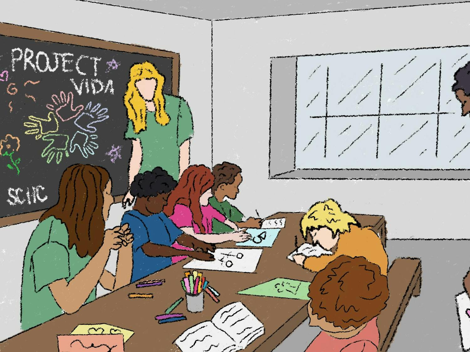 Illustration of kids in a classroom-like setting making art with mentors from Project Vida