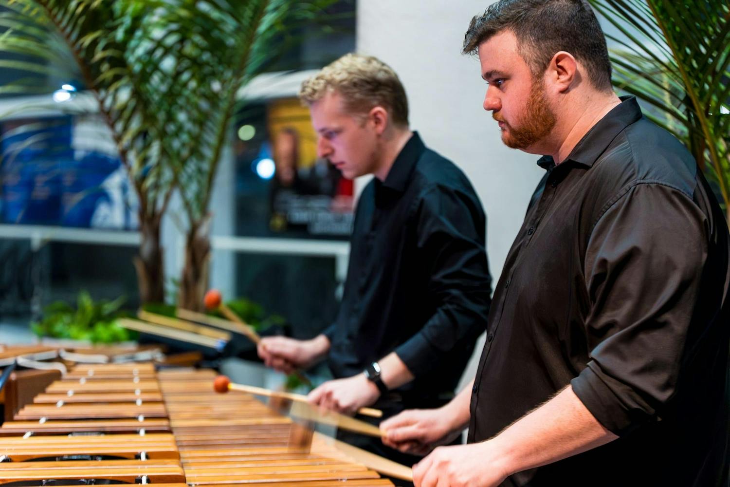 Marshall Robinson (left) and Ian Mahaffey (right) play the marimba at the School of Music's Musical Feast at the Koger Center for the Arts on Feb. 17, 2024. South Carolina was honored as one of three colleges to win the 2024 Percussive Arts Society International Percussion Ensemble Competition (IPEC).