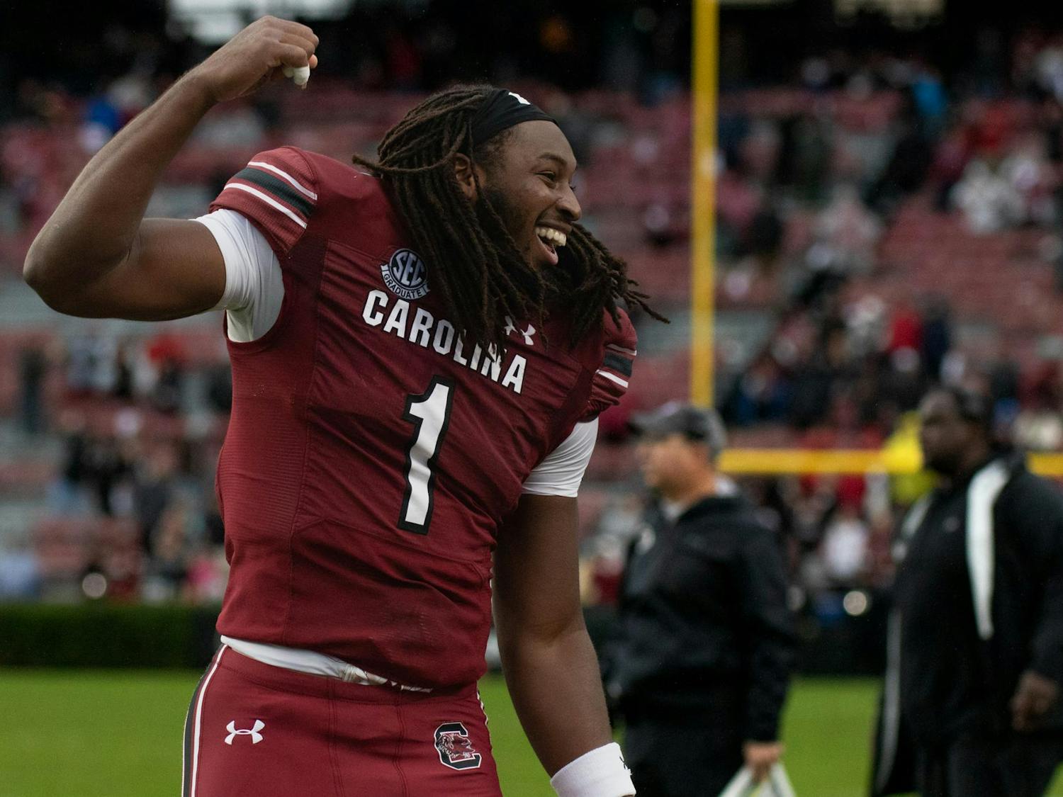 Graduate student tight end Trey Knox celebrates on the field after South Carolina scored a touchdown against Vanderbilt. The Gamecocks scored seven touchdowns, covering 487 yards during its 47-6 victory.