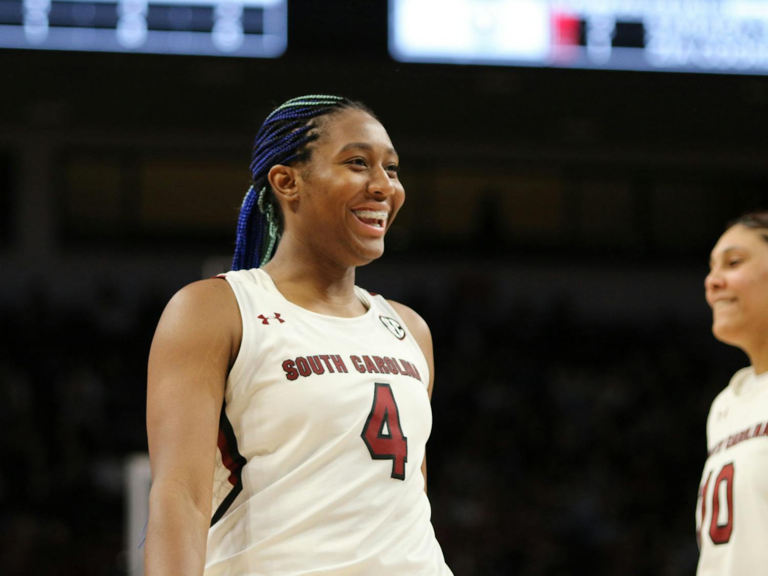 FILE—Senior forward Aliyah Boston laughs with her teammates during warmups on Jan. 22, 2023. The Gamecocks defeated the Razorbacks 92-46.&nbsp;