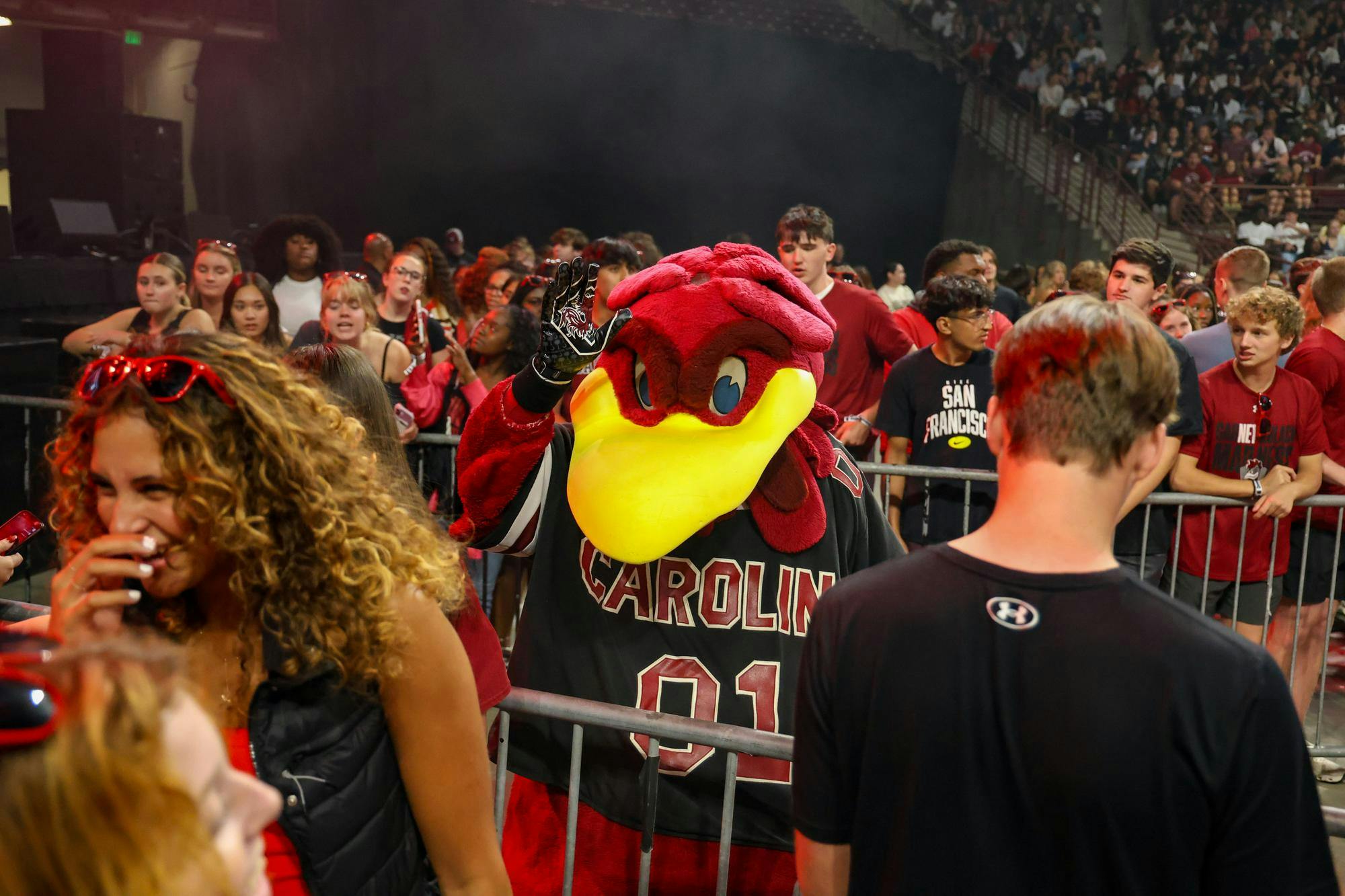USC mascot Cocky interacts with students in the pit at GarNET &amp; Black Madness on Oct. 21, 2025, at Colonial Life Arena. The event featured a showcase of the current basketball rosters and ended with a free concert from rapper Waka Flocka Flame.
