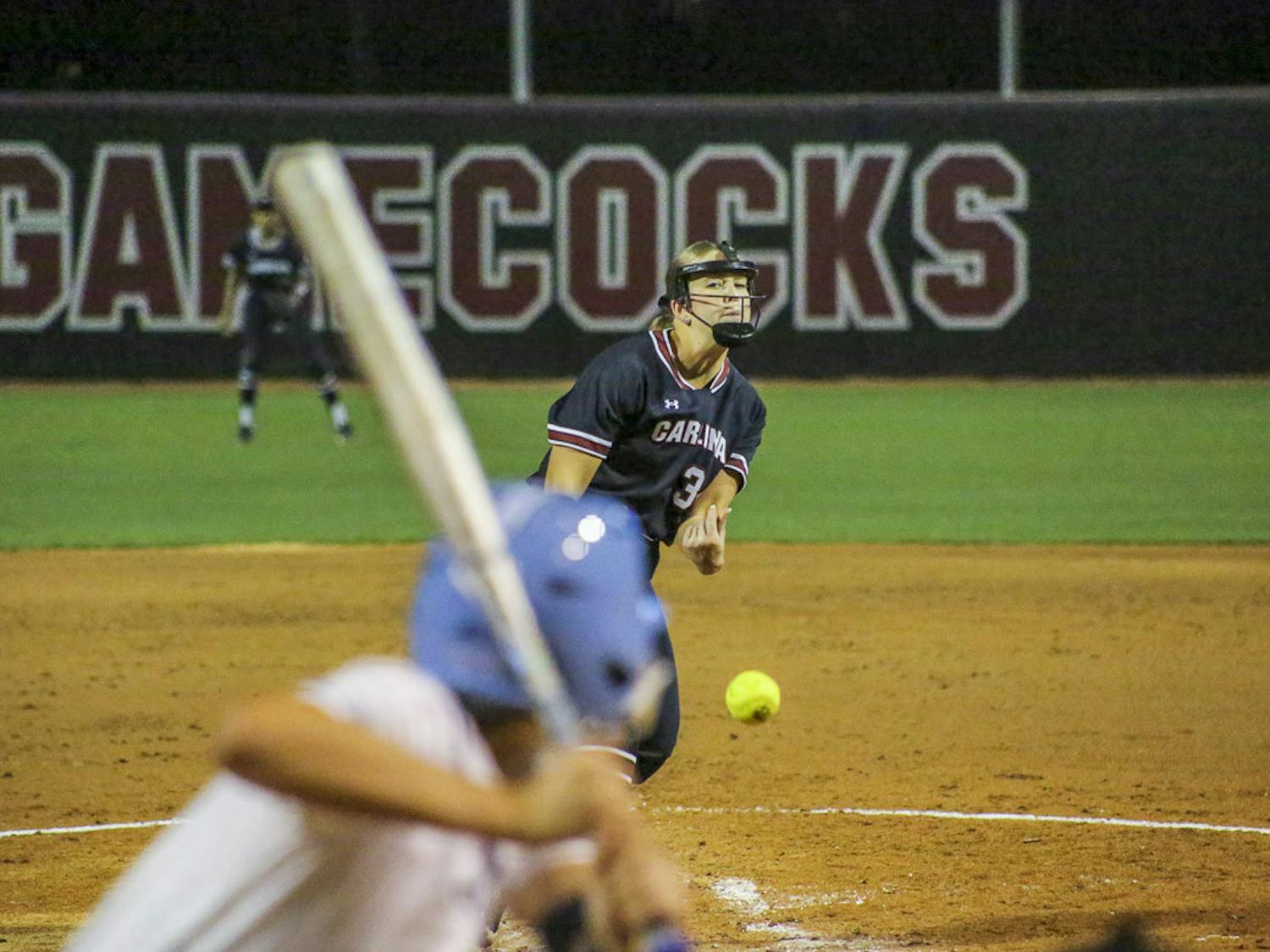 Fifth-year pitcher Rachel Vaughan strikes out a North Carolina batter at Beckham Field on March 1, 2023. The Gamecocks took home a 9-1 victory against the Tar Heels.