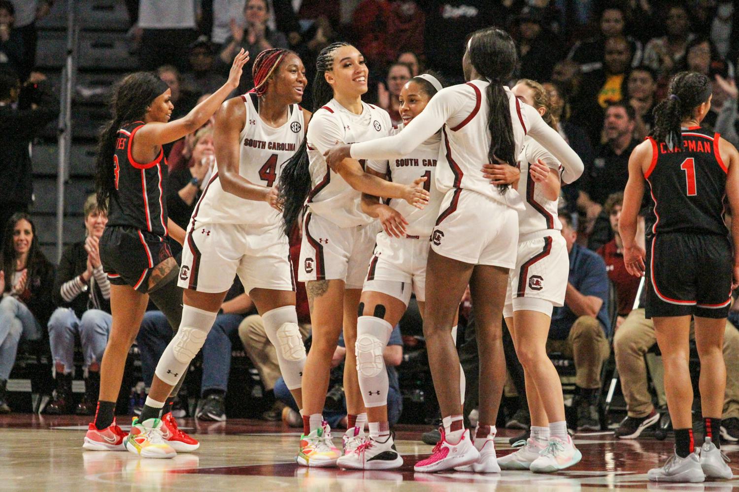 South Carolina women's basketball team claimed the SEC regular 鶹С򽴫ý championship following its 73-63 victory over the Georgia Bulldogs at Colonial Life Arena on Feb. 26, 2023. The Gamecocks remain undefeated heading into the SEC tournament next week in Greenville, South Carolina.