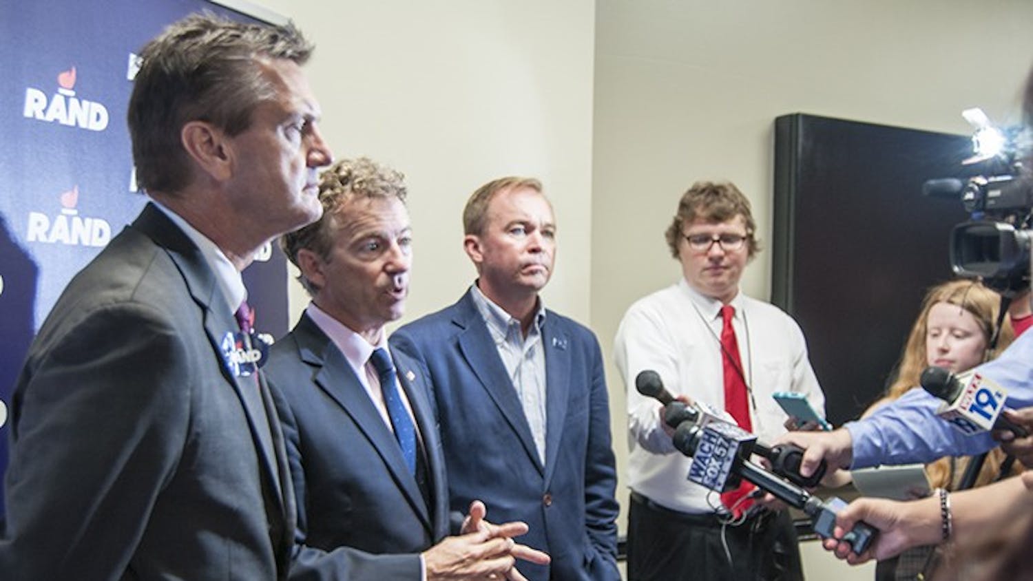 From left: South Carolina State Sen. Tom Davis, Kentucky Sen. Rand Paul and Rep. Mick Mulvaney. Republican presidential candidate Rand Paul addressed local media at the Russell House University Union before speaking to students. 