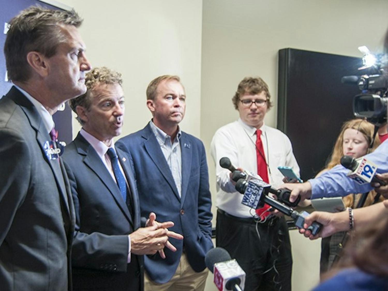 From left: South Carolina State Sen. Tom Davis, Kentucky Sen. Rand Paul and Rep. Mick Mulvaney. Republican presidential candidate Rand Paul addressed local media at the Russell House University Union before speaking to students.