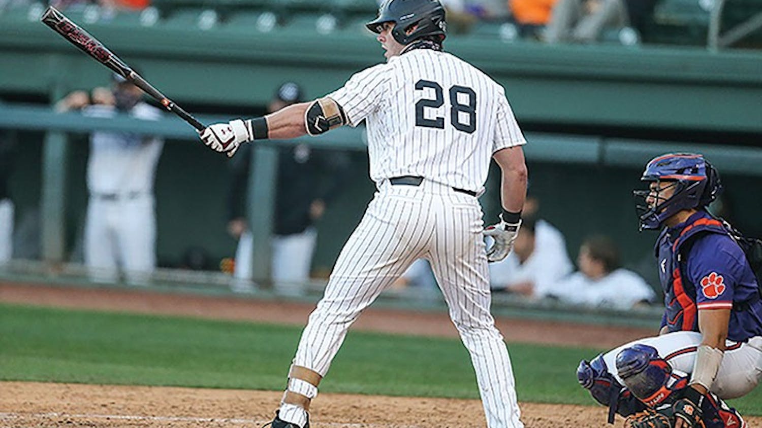 Junior designated hitter Wes Clarke at the plate in South Carolina's first win over Clemson on Feb. 27, 2021. The Gamecocks beat the Tigers with walk-off hits in both games on Feb. 27-28, 2021.