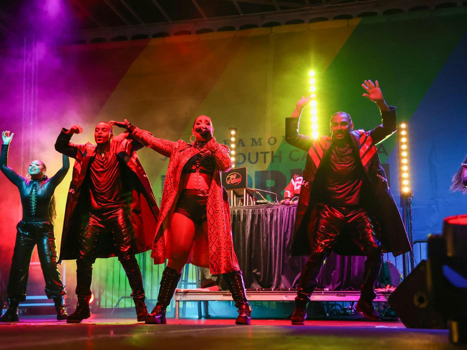 American singer-songwriter Mýa sings and dances with her backup dancers on the Smirnoff Main Stage at the Famously Hot SC Pride Festival on Oct. 4, 2025. Mýa won the Grammy Award in 2002 for Best Pop Collaboration with Vocals.