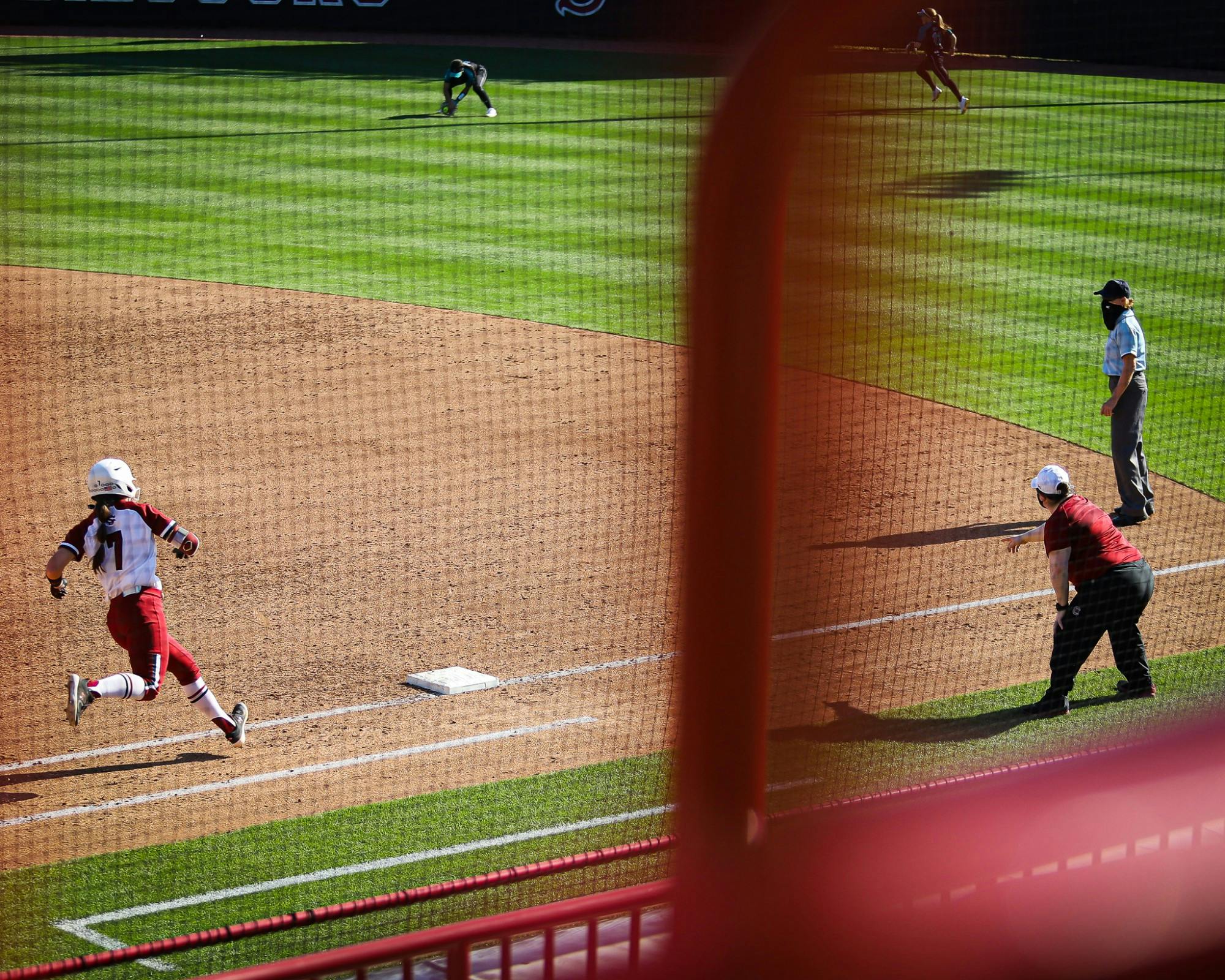 &nbsp;Graduate student infielder Mackenzie Boesel runs towards first base after batting.&nbsp;