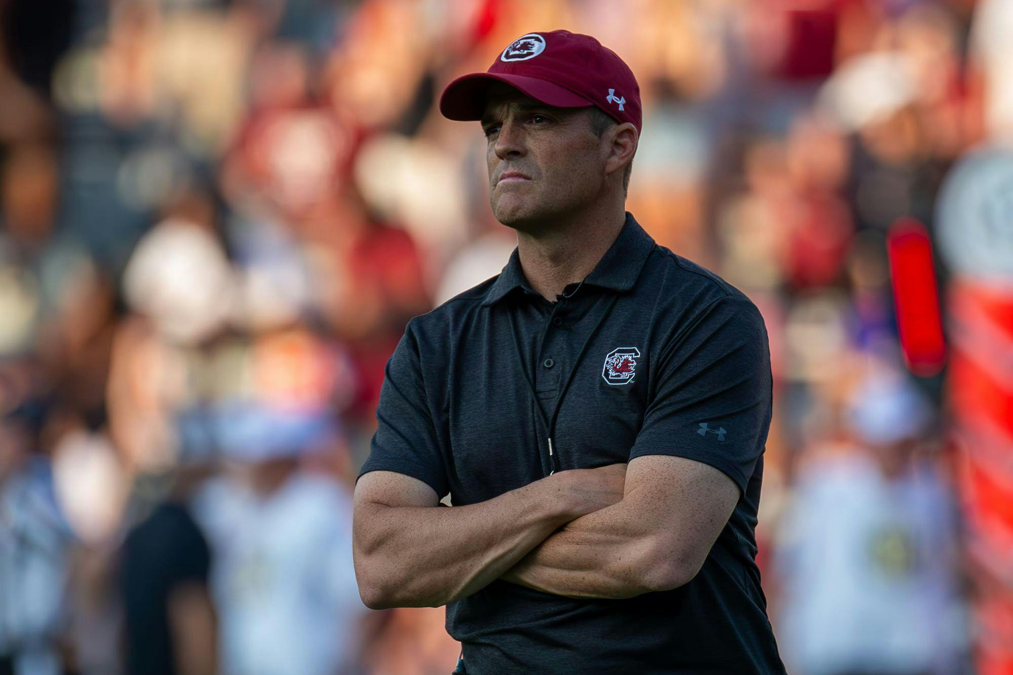 FILE - Head coach Shane Beamer looks toward his team on the sideline during South Carolina's annual Spring Game on April 20, 2024 at Williams-Brice Stadium. On Thursday, Beamer confirmed that senior wide receiver Ahmari Huggins-Bruce was no longer a member of the Gamecocks' Football Team.