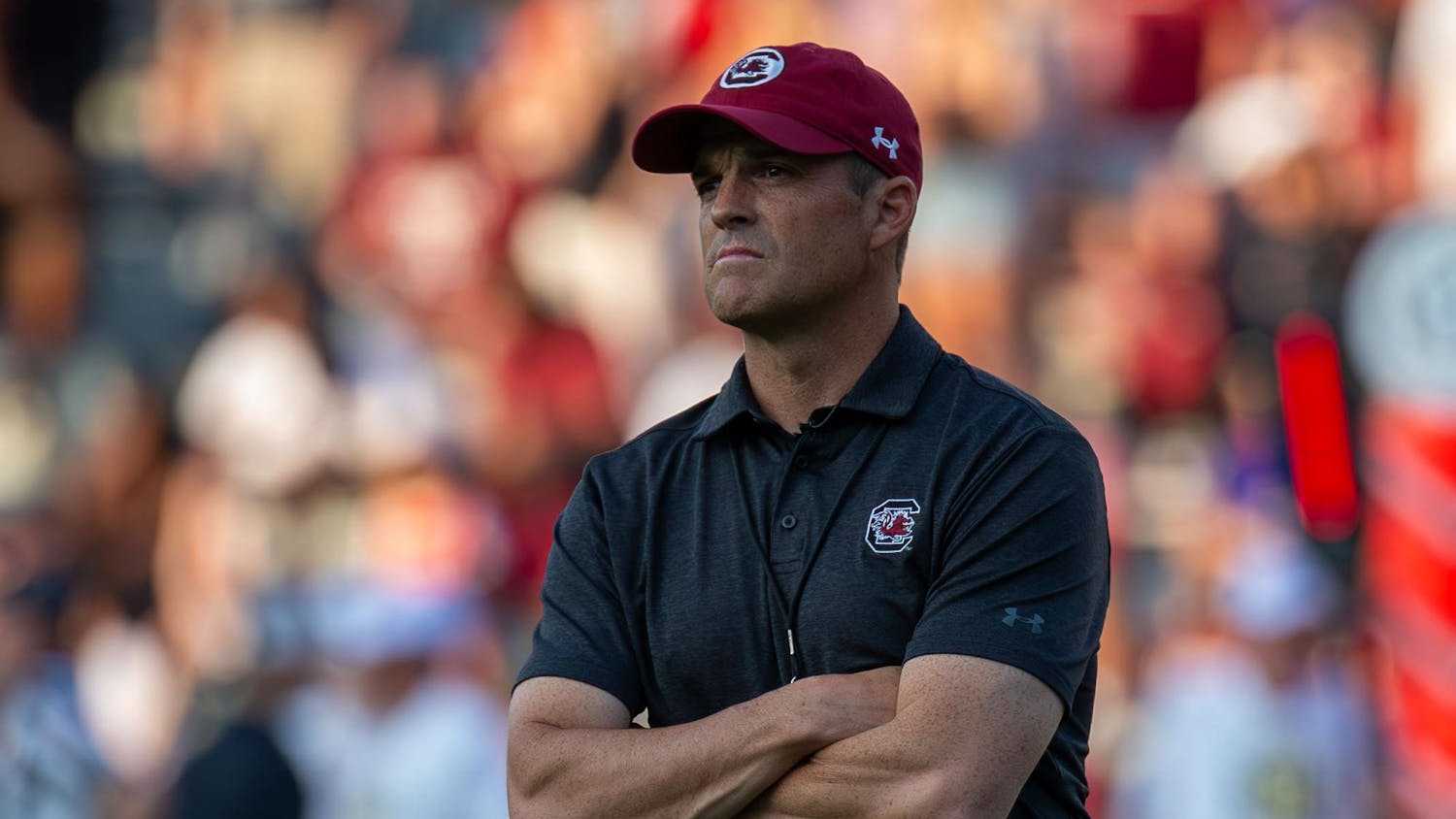 FILE - Head coach Shane Beamer looks toward his team on the sideline during South Carolina's annual Spring Game on April 20, 2024 at Williams-Brice Stadium. On Thursday, Beamer confirmed that senior wide receiver Ahmari Huggins-Bruce was no longer a member of the Gamecocks' Football Team.