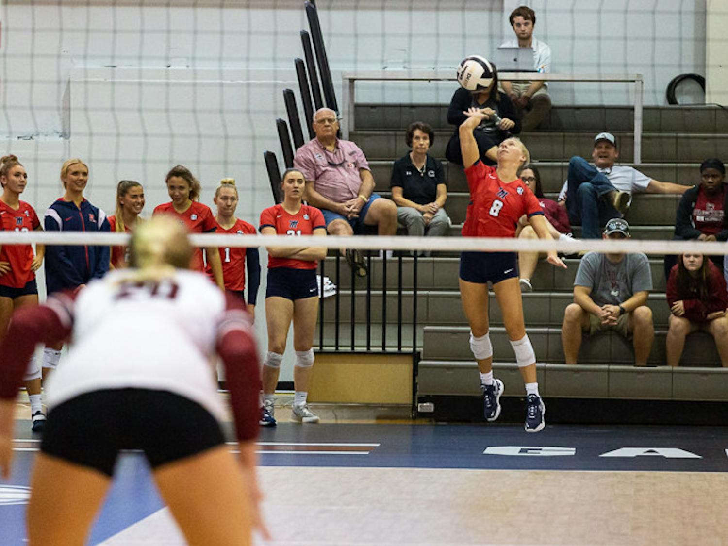 Ole Miss senior libero Maggie Miller serves the ball during the match against South Carolina on Nov. 5, 2022. Ole Miss beat South Carolina 3-1.&nbsp;