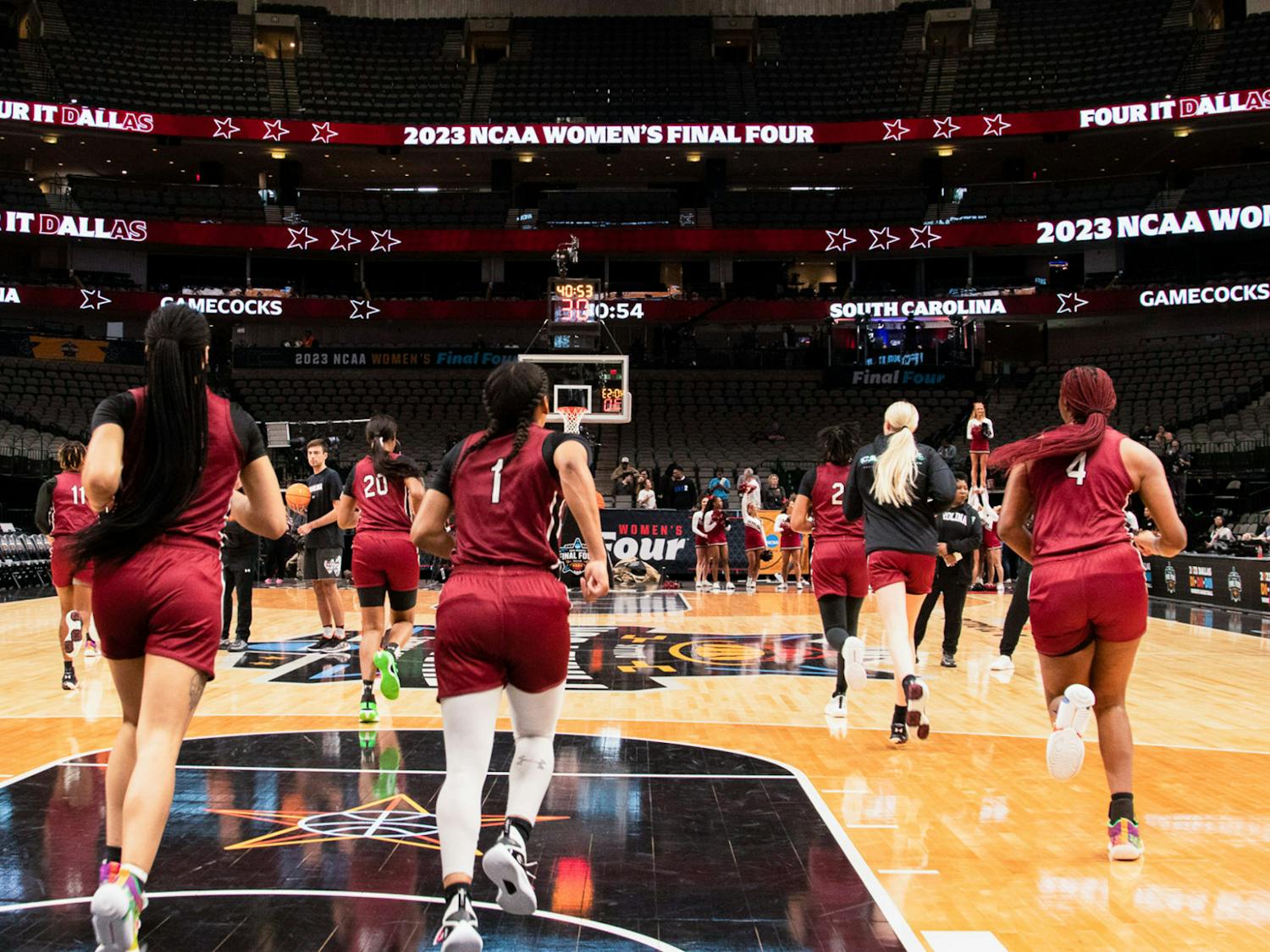 FILE—The Gamecocks stride down the court for warm-ups during their open practice at the Women’s Final Four on March 30, 2023. This is the Gamecocks third consecutive appearance in the Final Four.