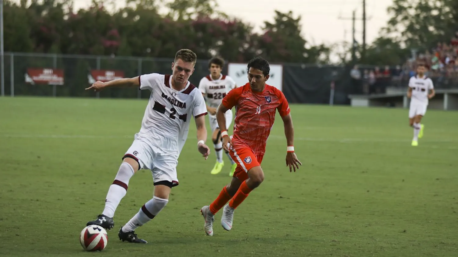 Midfielder Mitchell Myers dribbles in a game against Clemson in 2018. The Gamecocks host the Tigers Thursday night at Stone Stadium.