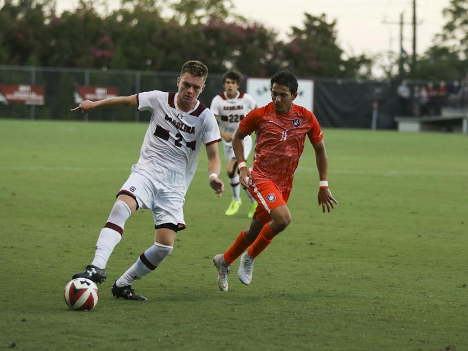 Midfielder Mitchell Myers dribbles in a game against Clemson in 2018. The Gamecocks host the Tigers Thursday night at Stone Stadium.
